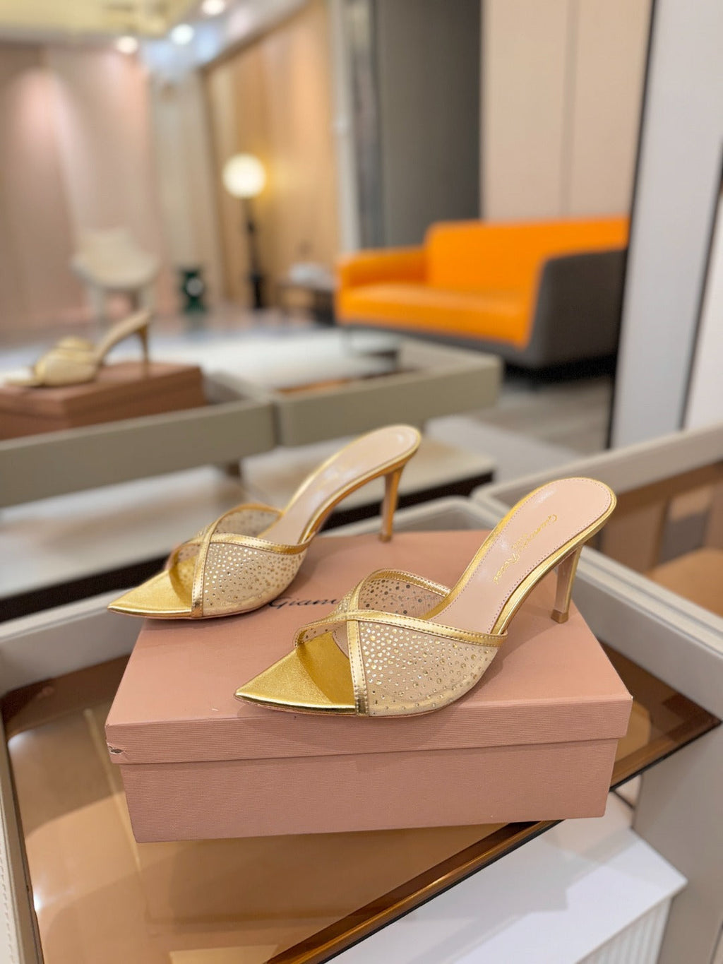 GIANVITO ROSSI 26S POINTED TOE HIGH HEELS 85 MM IN GOLD LAMBSKIN WITH RHINESTONE STRAP