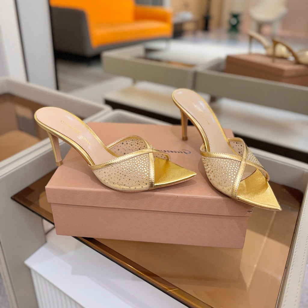 GIANVITO ROSSI 26S POINTED TOE HIGH HEELS 85 MM IN GOLD LAMBSKIN WITH RHINESTONE STRAP