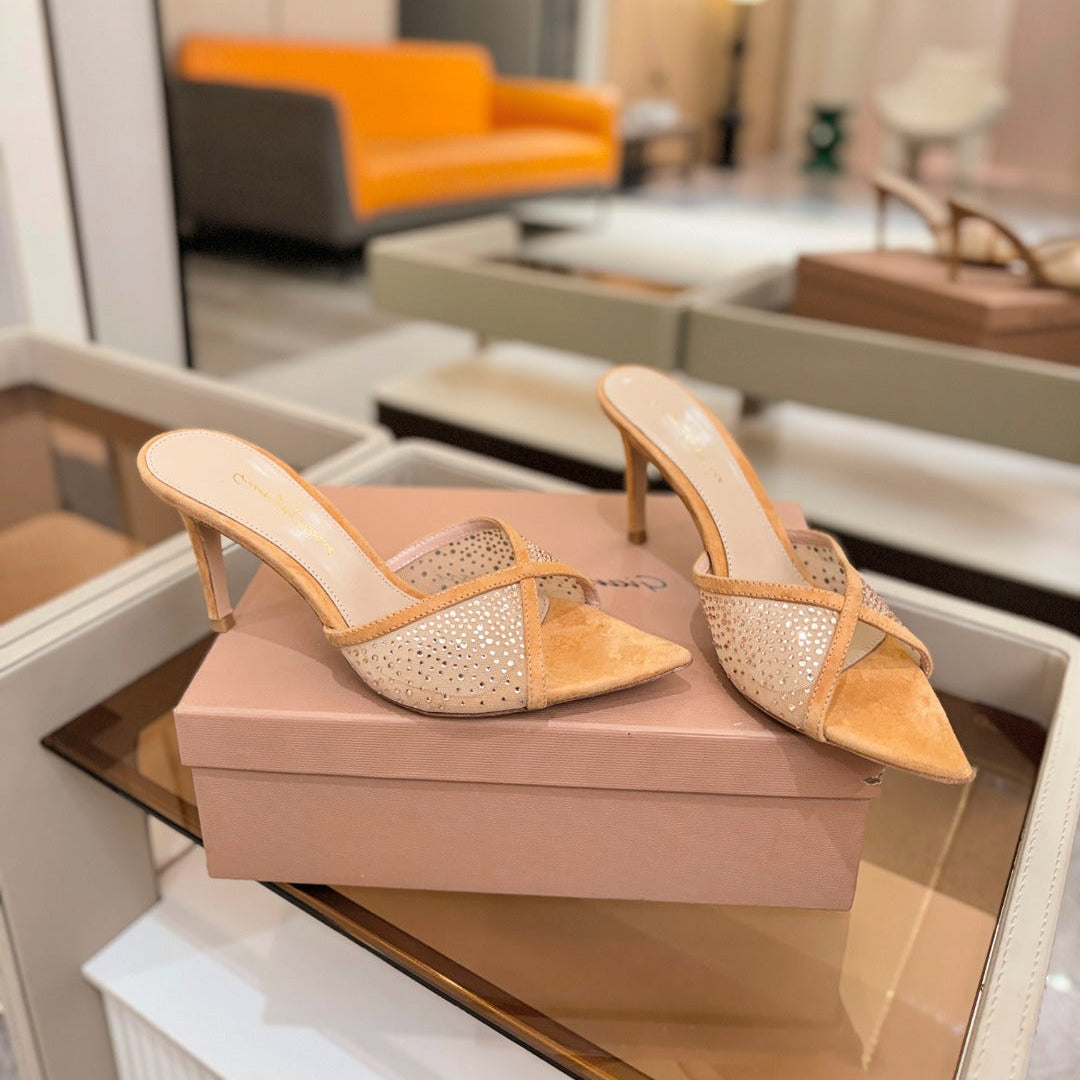 GIANVITO ROSSI 26S POINTED TOE HIGH HEELS 85 MM IN LIGHT ORANGE SUEDE WITH RHINESTONE STRAP