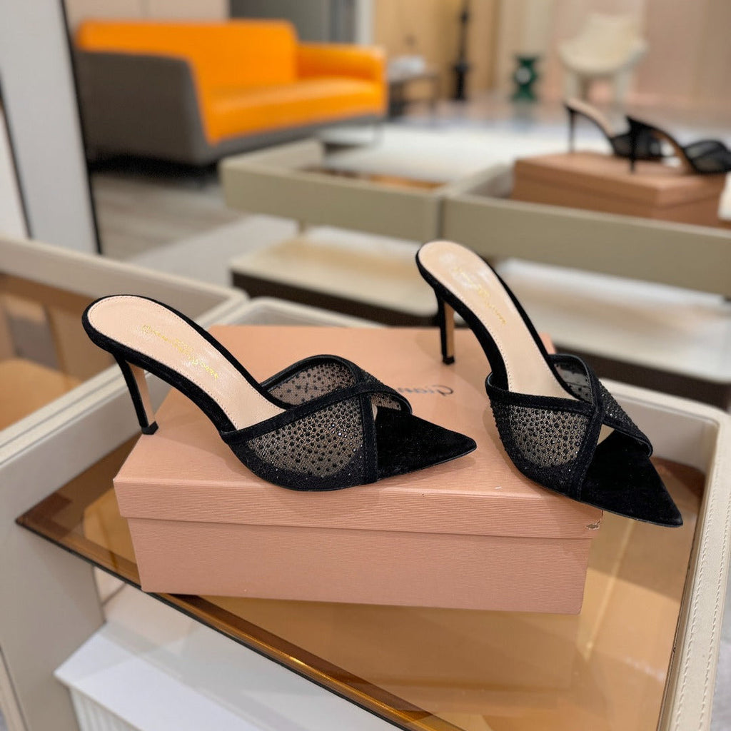 GIANVITO ROSSI 26S POINTED TOE HIGH HEELS 85 MM IN BLACK SUEDE WITH RHINESTONE STRAP