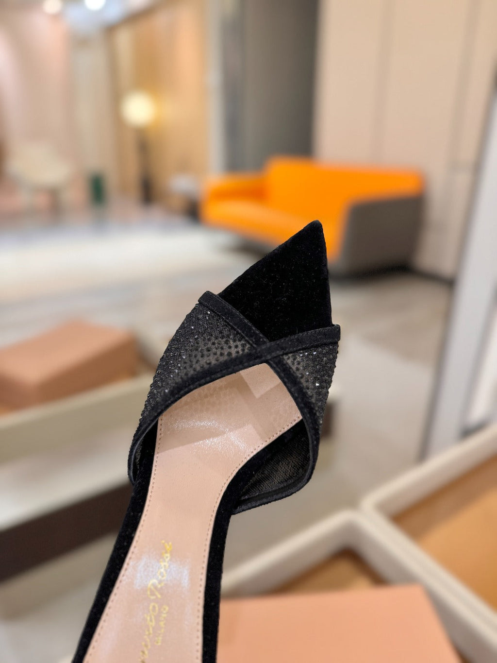 GIANVITO ROSSI 26S POINTED TOE HIGH HEELS 85 MM IN BLACK SUEDE WITH RHINESTONE STRAP