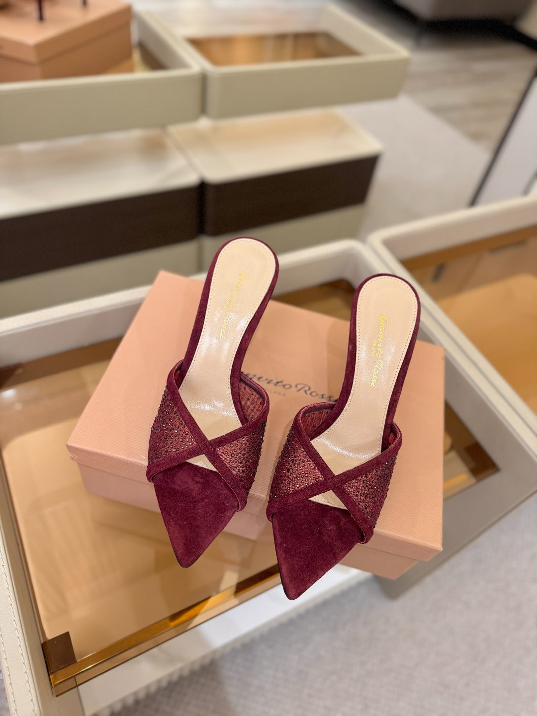 GIANVITO ROSSI 26S POINTED TOE HIGH HEELS 85 MM IN DARK RED SUEDE WITH RHINESTONE STRAP