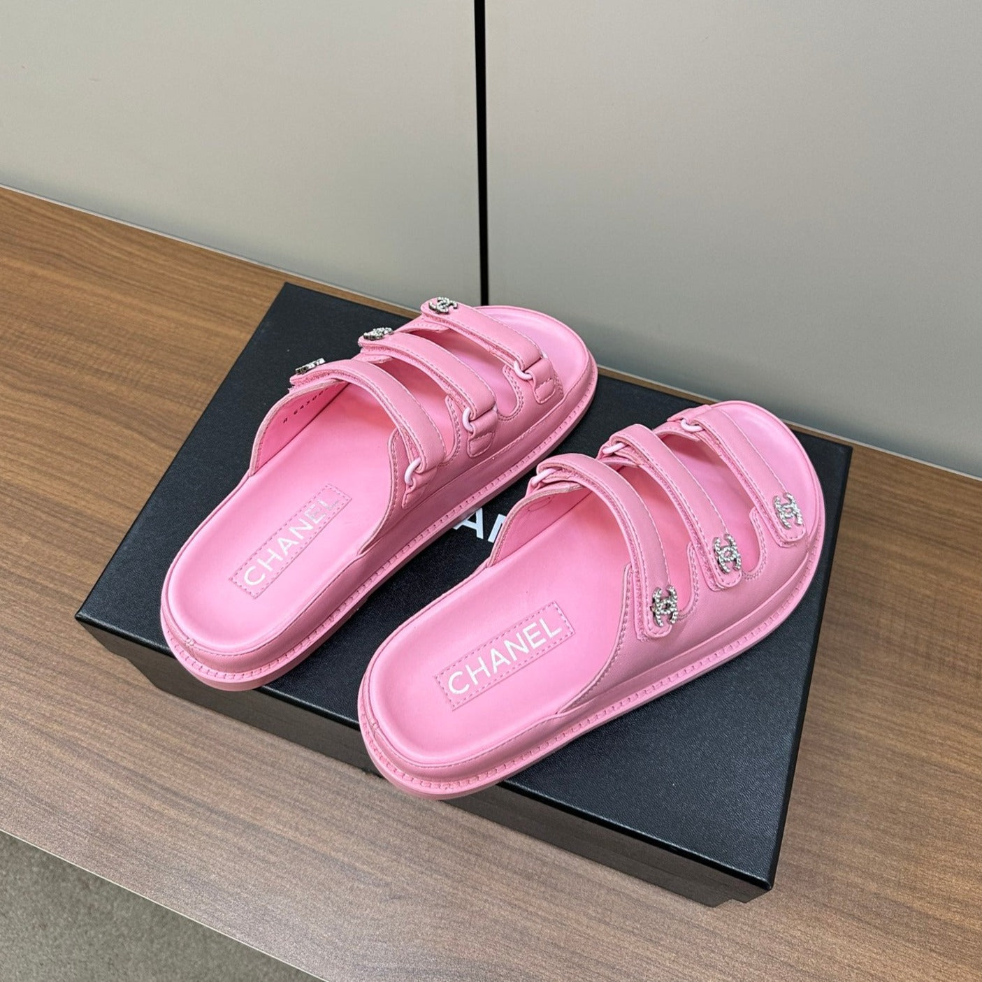 dad sandals pink 3 rows lambskin mules