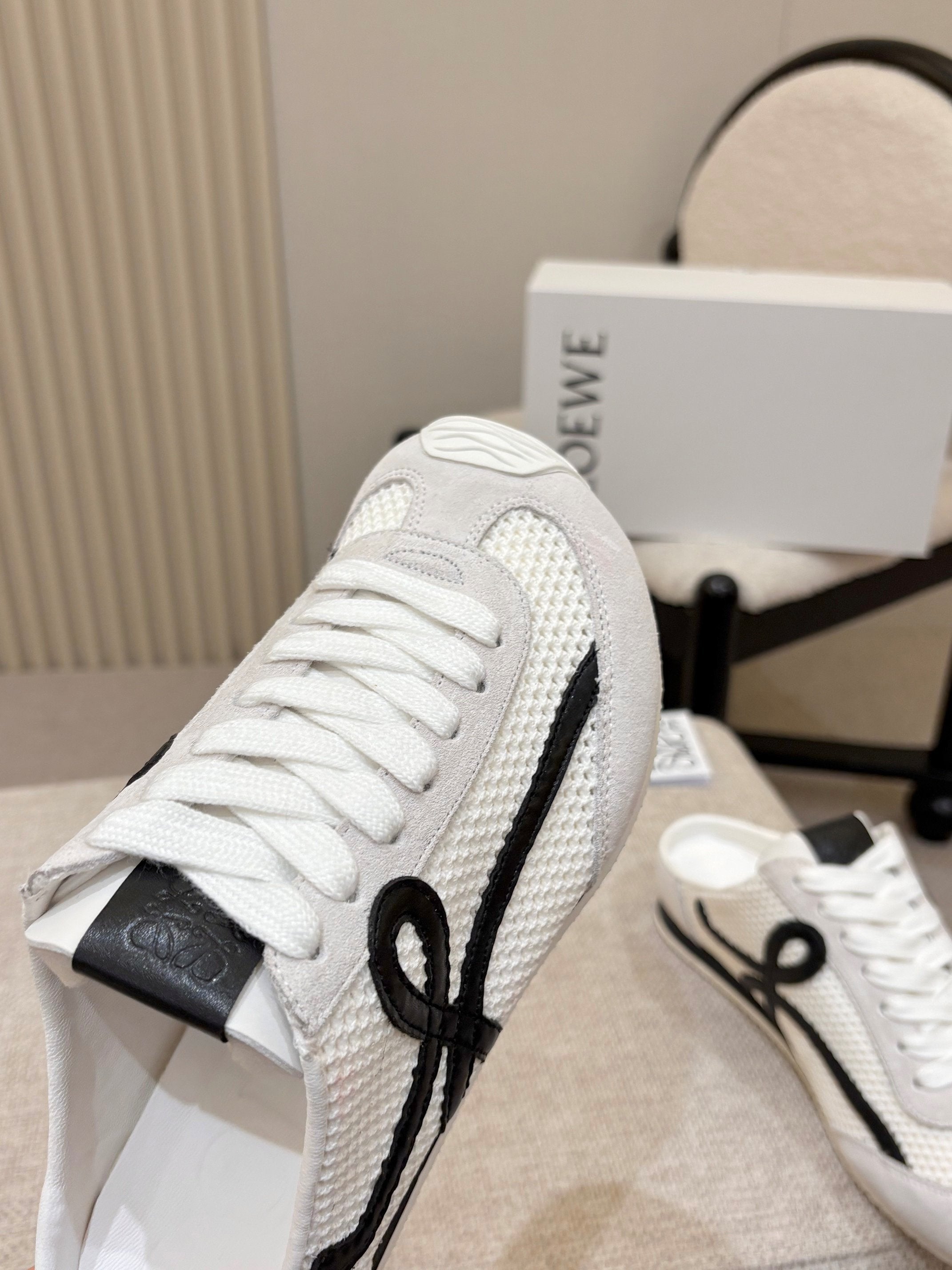 LOEWE 26S MULE SNEAKERS IN WHITE BLACK SUEDE AND MESH