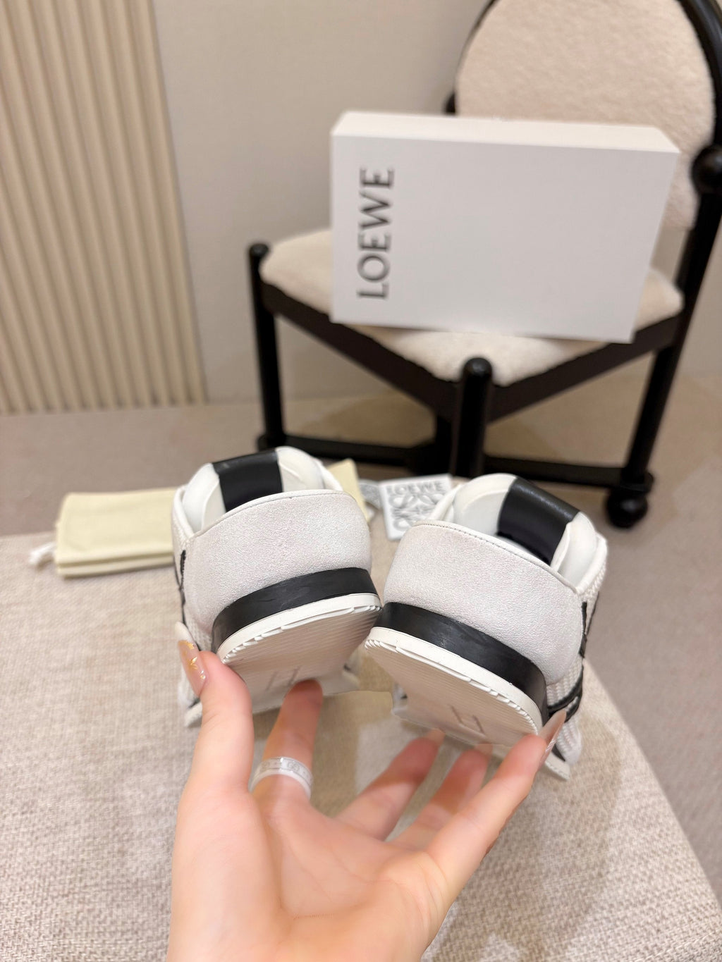 LOEWE 26S MULE SNEAKERS IN WHITE BLACK SUEDE AND MESH