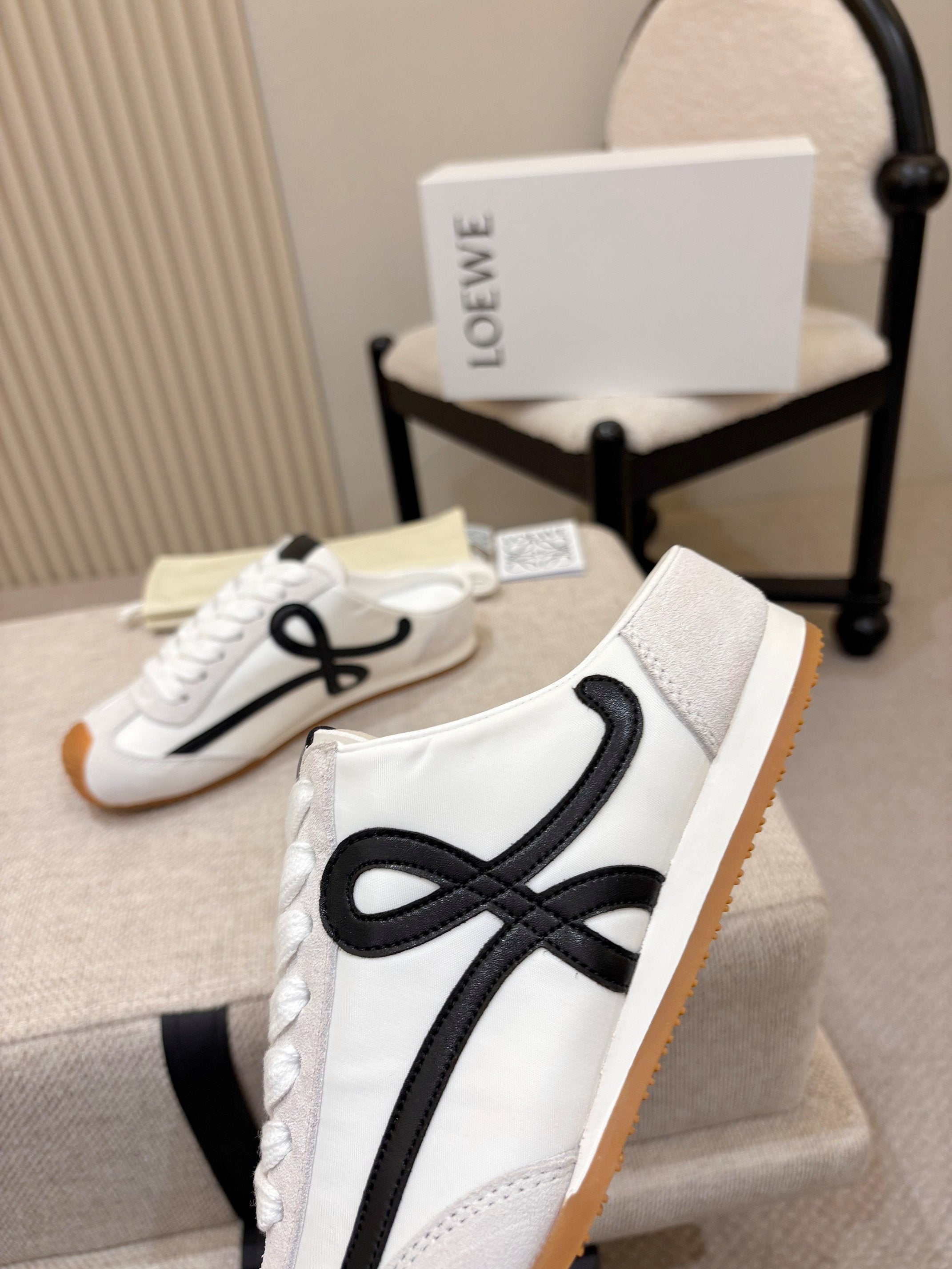 LOEWE 26S MULE SNEAKERS IN WHITE BLACK SUEDE AND NYLON