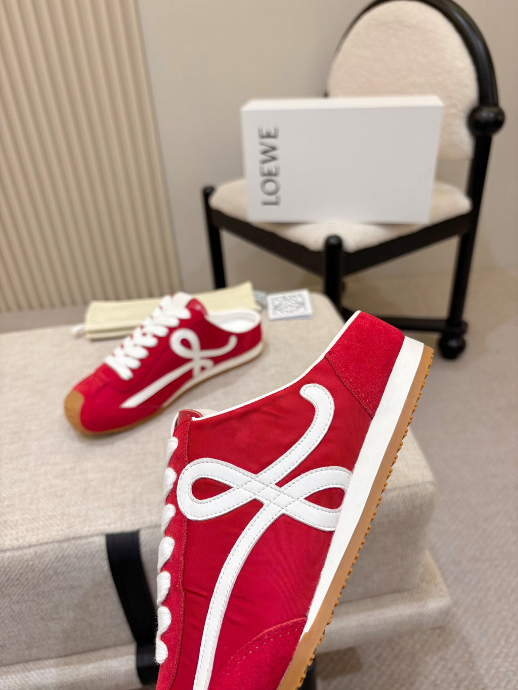 LOEWE 26S MULE SNEAKERS IN WHITE RED SUEDE AND NYLON