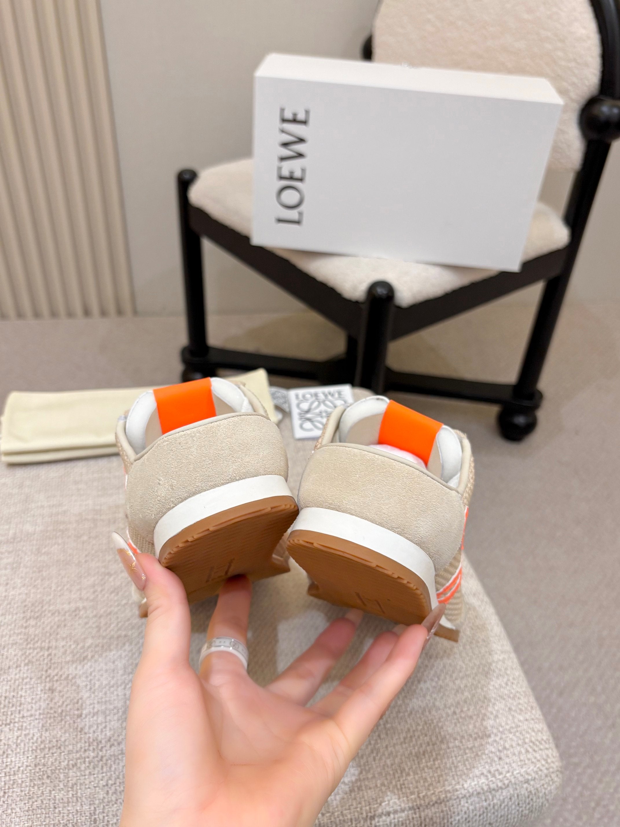 LOEWE 26S MULE SNEAKERS IN BEIGE ORANGE SUEDE AND MESH