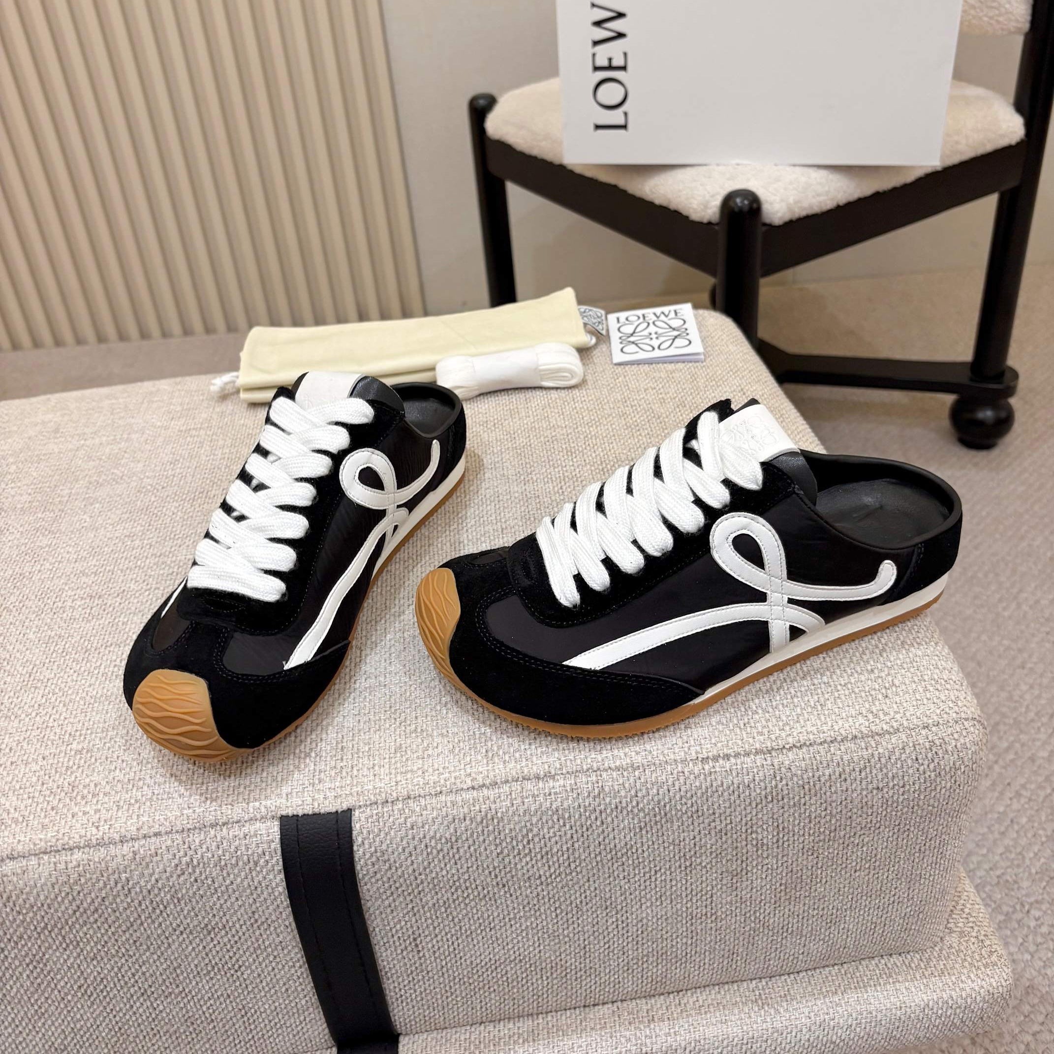 LOEWE 26S MULE SNEAKERS IN BLACK WHITE SUEDE AND NYLON
