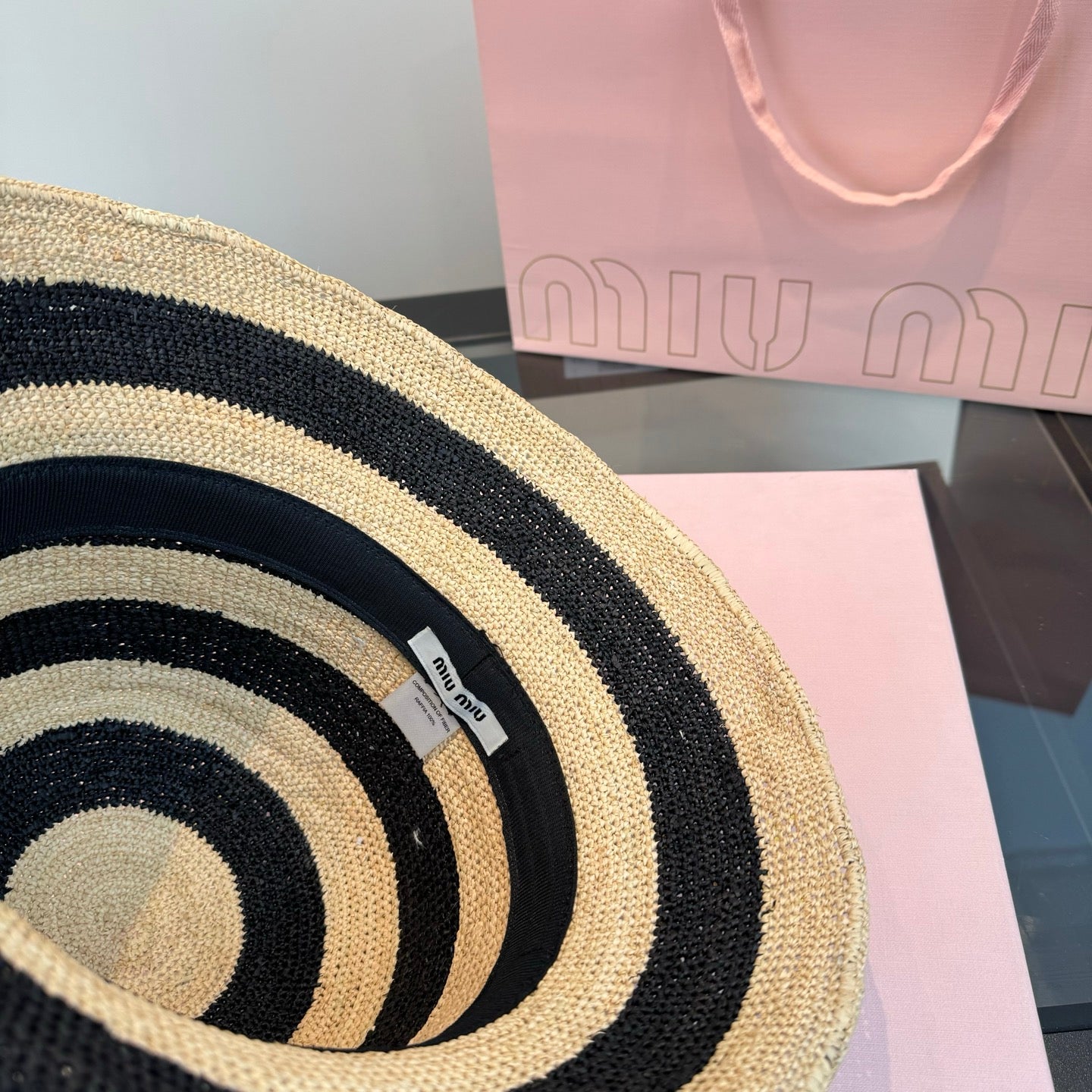 MIUMIU 26S STRIPED RAFFIA BUCKET HAT 342097