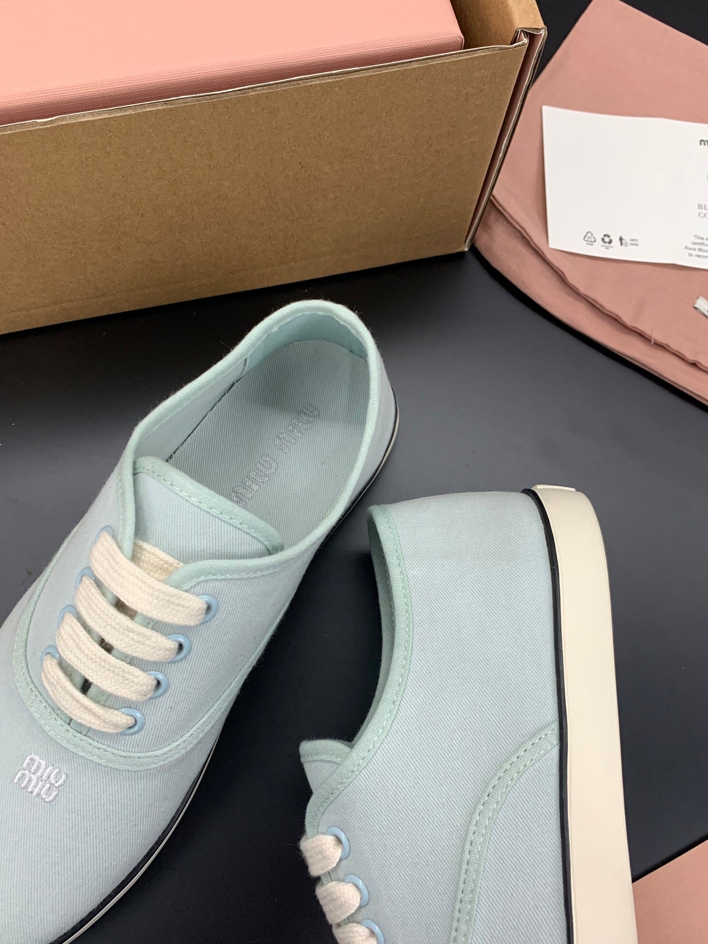 MIUMIU 26S LACE UP SNEAKERS IN PALE MINT CANVAS RUBBER SOLE