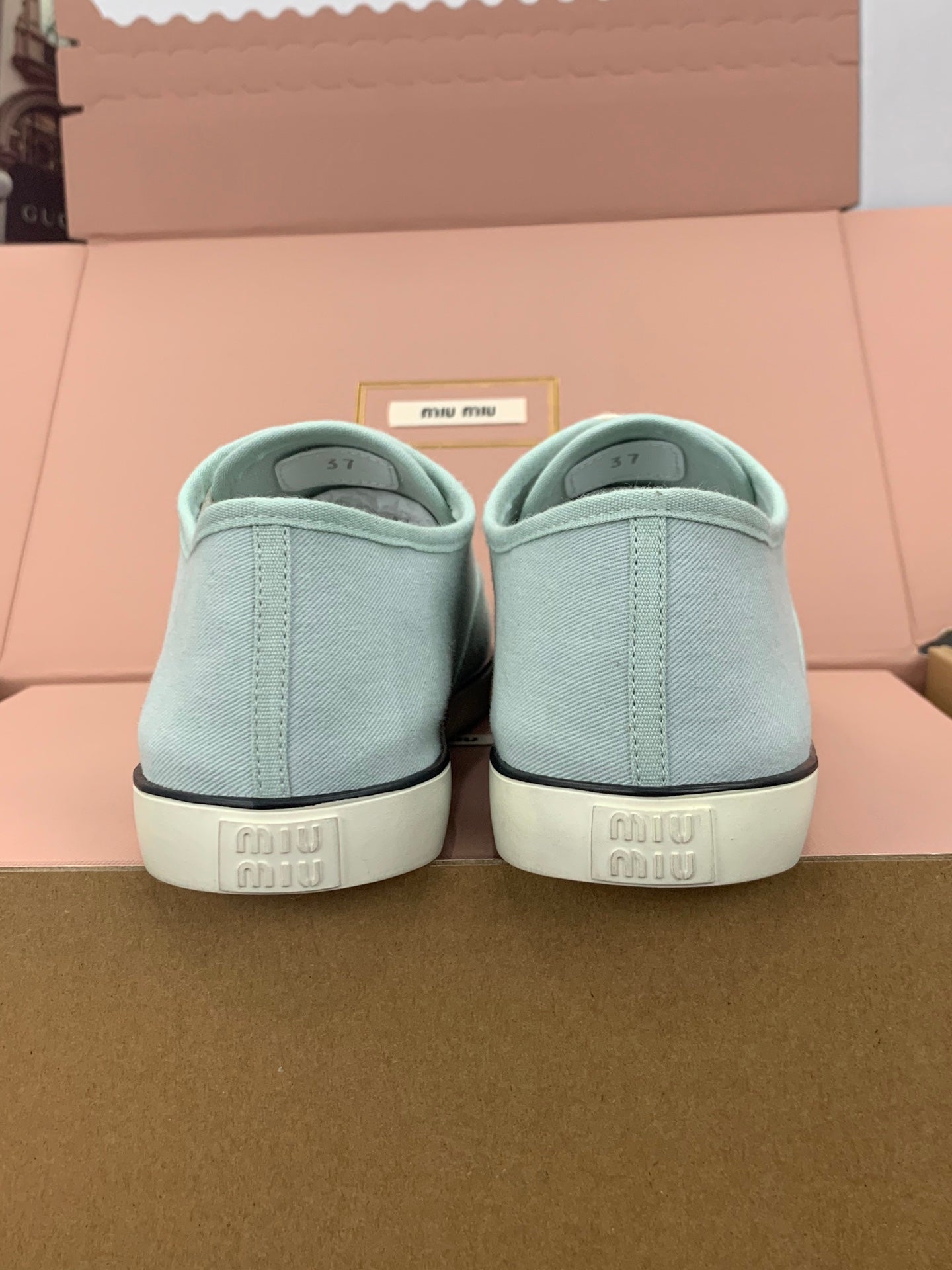 MIUMIU 26S LACE UP SNEAKERS IN PALE MINT CANVAS RUBBER SOLE