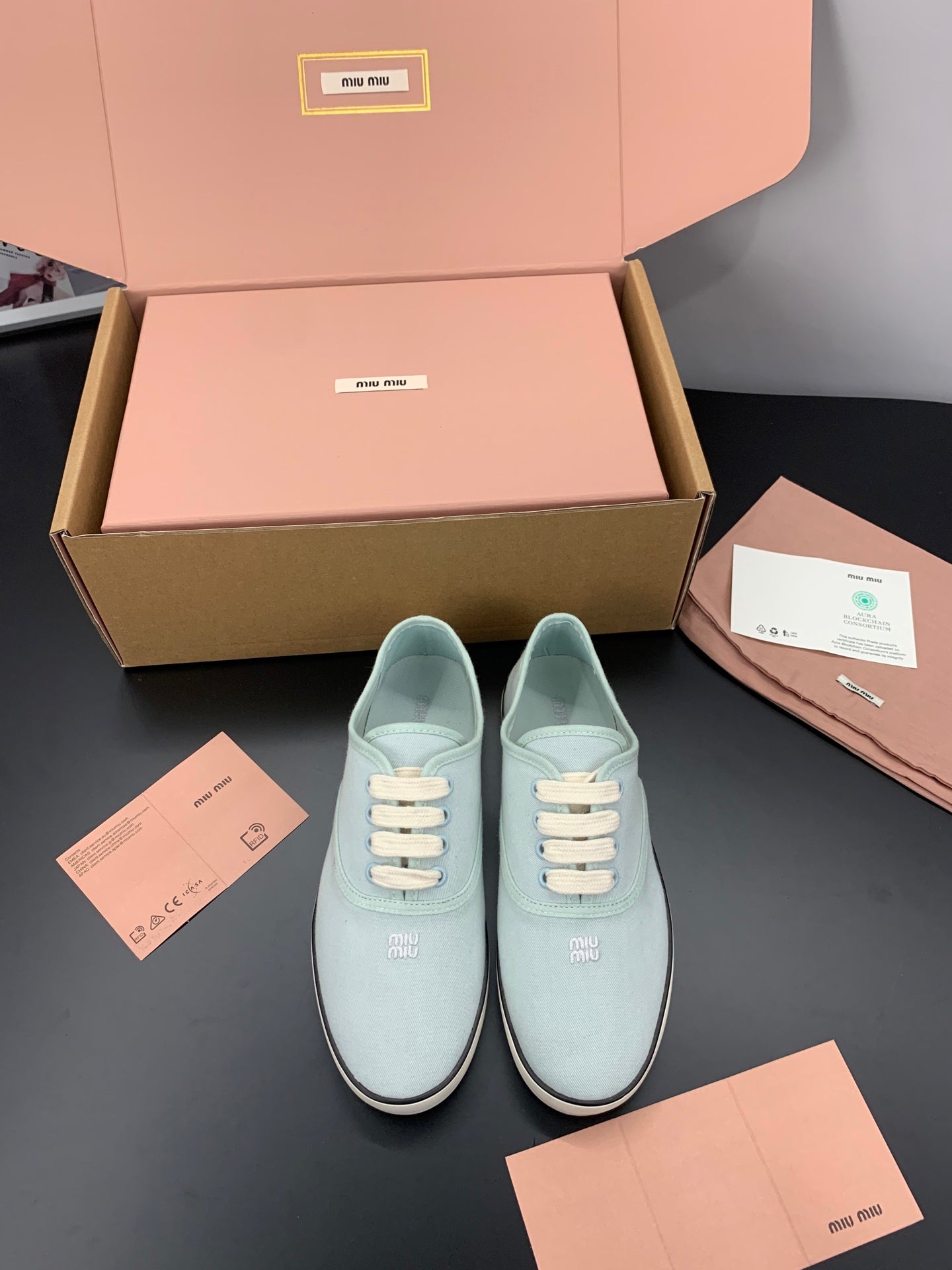 MIUMIU 26S LACE UP SNEAKERS IN PALE MINT CANVAS RUBBER SOLE