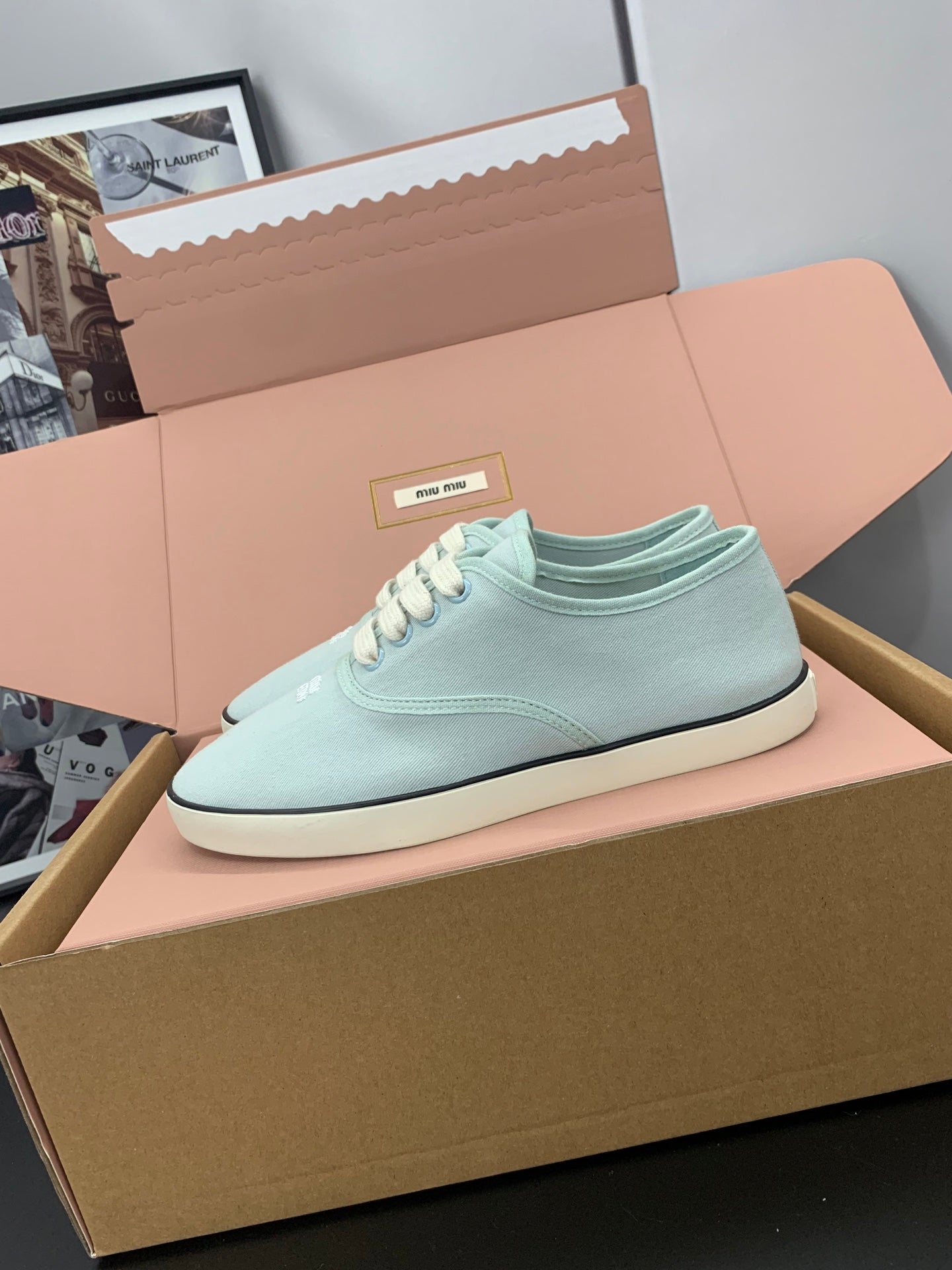 MIUMIU 26S LACE UP SNEAKERS IN PALE MINT CANVAS RUBBER SOLE