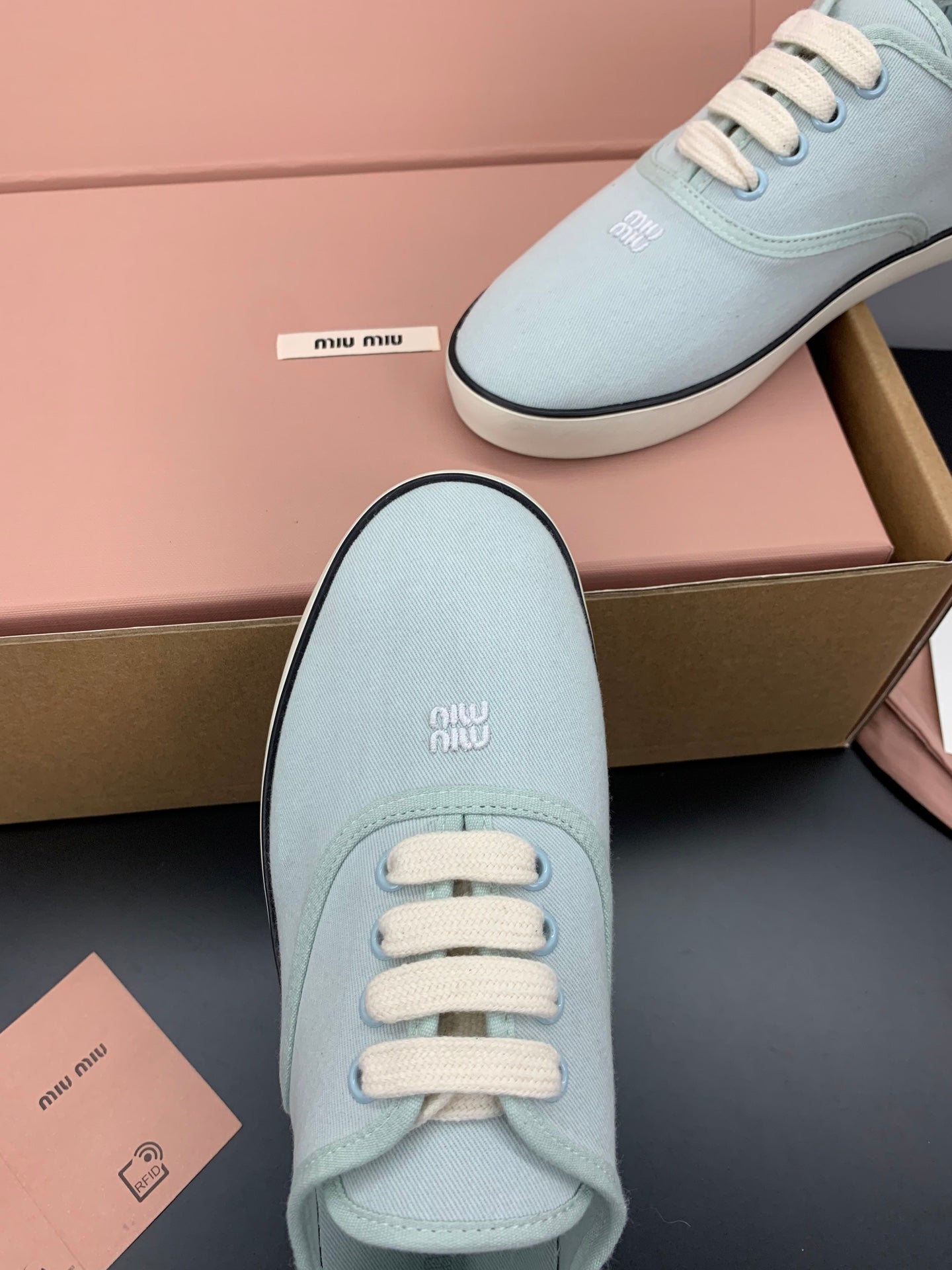 MIUMIU 26S LACE UP SNEAKERS IN PALE MINT CANVAS RUBBER SOLE