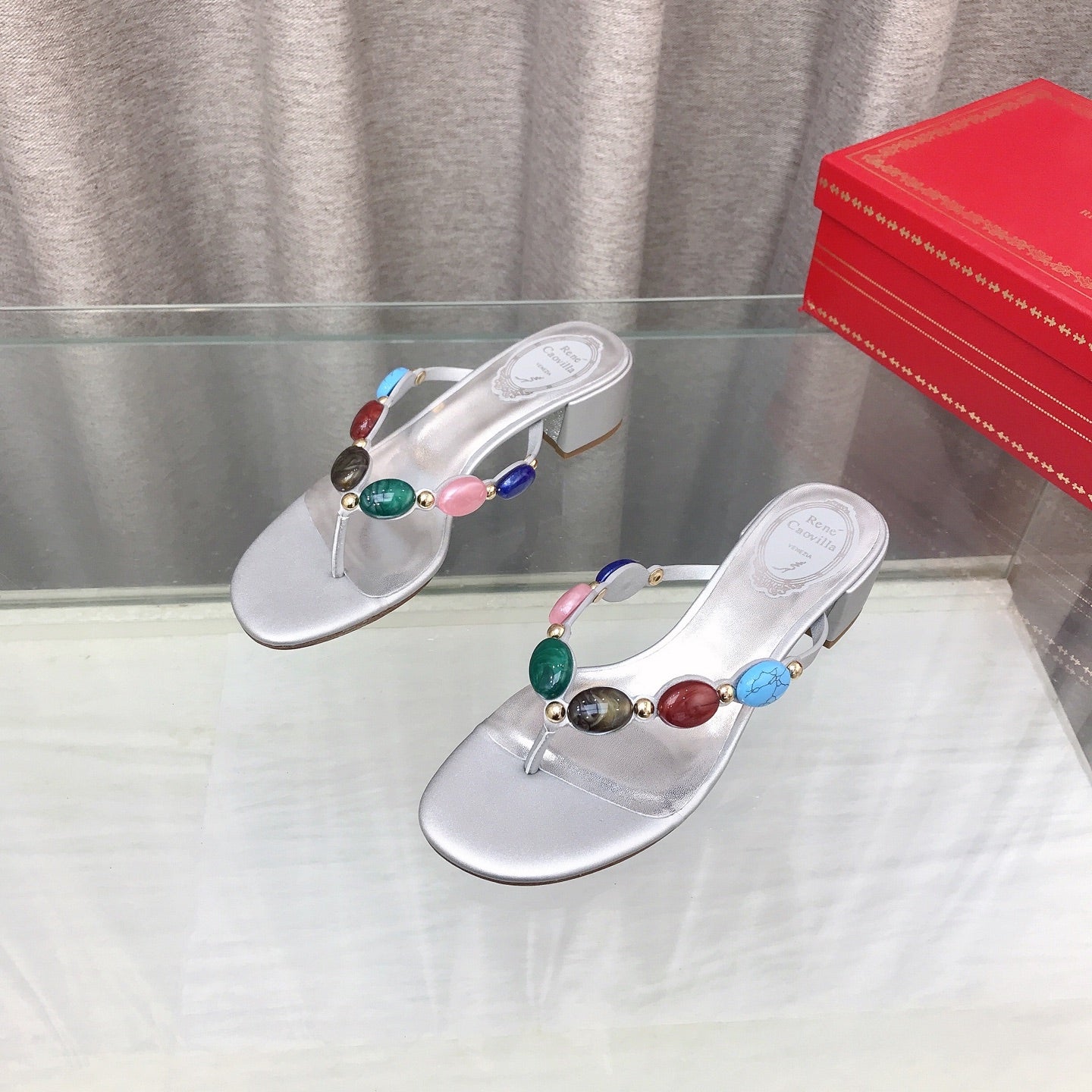 RENE CAOVILLA 26S THONG SANDALS 45 MM IN SILVER LAMBSKIN