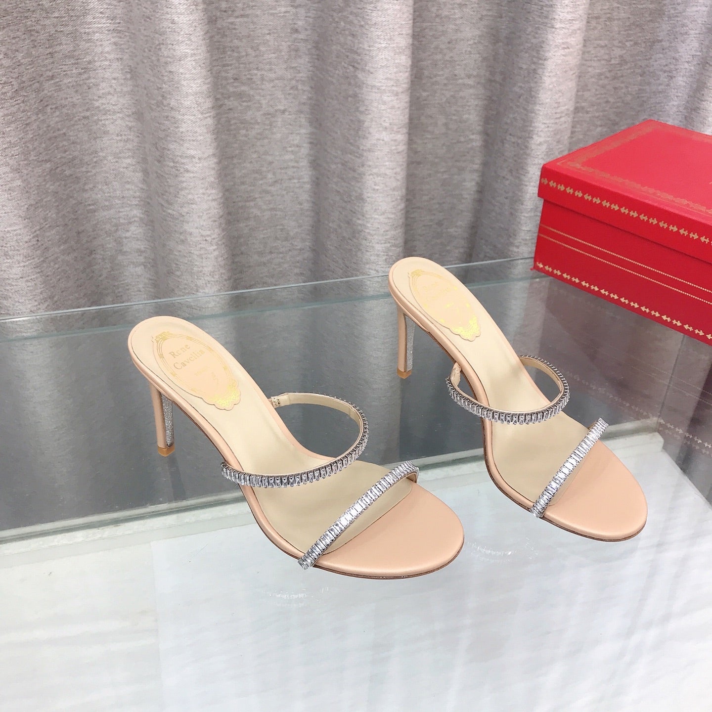 RENE CAOVILLA 26S HIGH-HEELED SANDALS 85 MM IN BEIGE LAMBSKIN