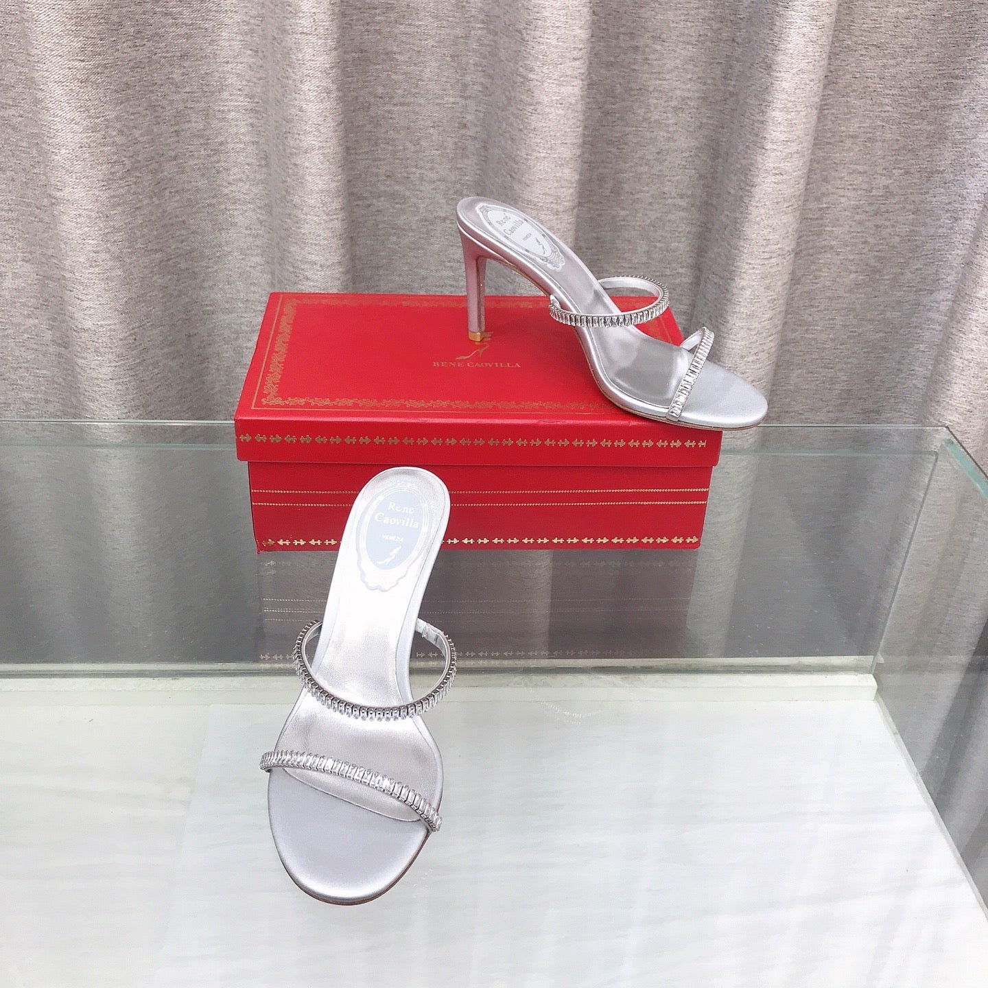 RENE CAOVILLA 26S HIGH-HEELED SANDALS 85 MM IN SILVER LAMBSKIN