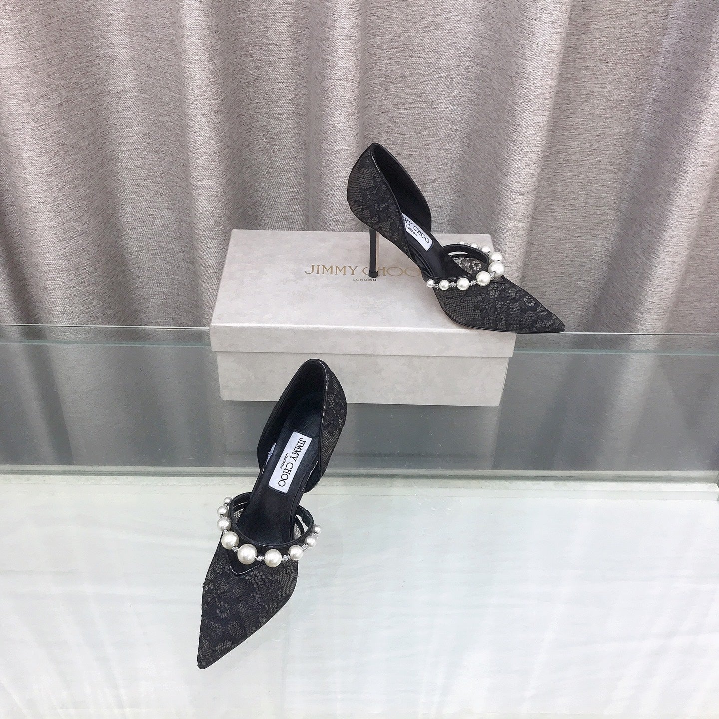JIMMY CHOO 26S HIGH HEELS 85 MM IN BLACK LACE PEARL-EMBELLISHED