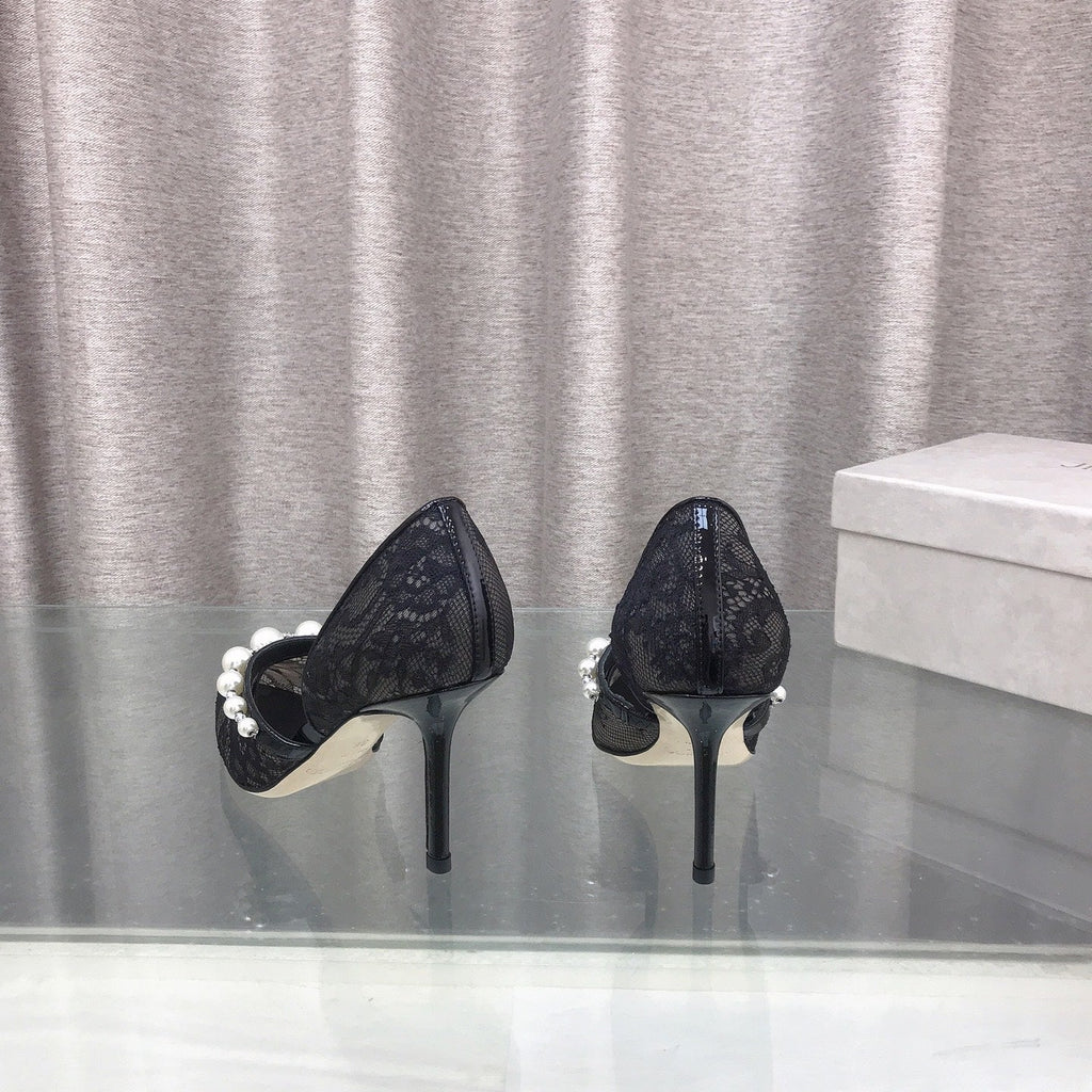 JIMMY CHOO 26S HIGH HEELS 85 MM IN BLACK LACE PEARL-EMBELLISHED