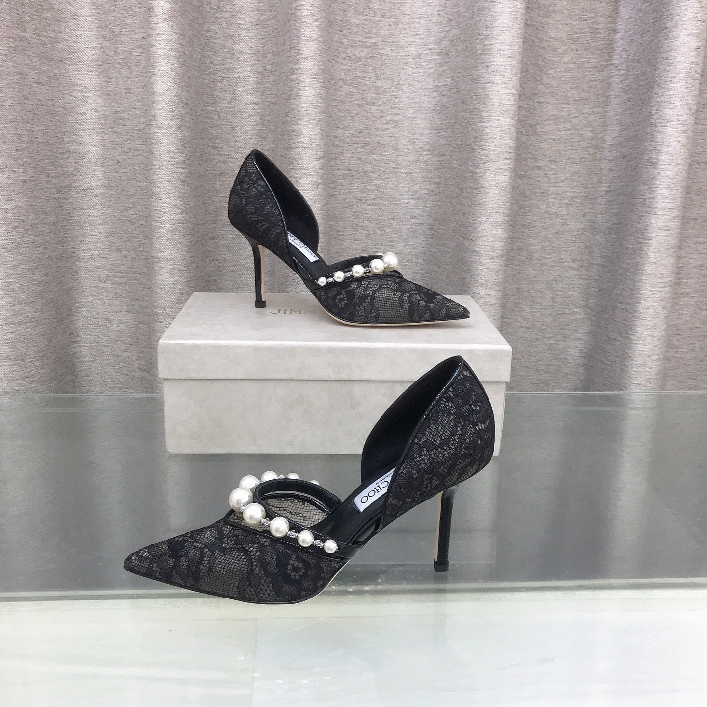 JIMMY CHOO 26S HIGH HEELS 85 MM IN BLACK LACE PEARL-EMBELLISHED