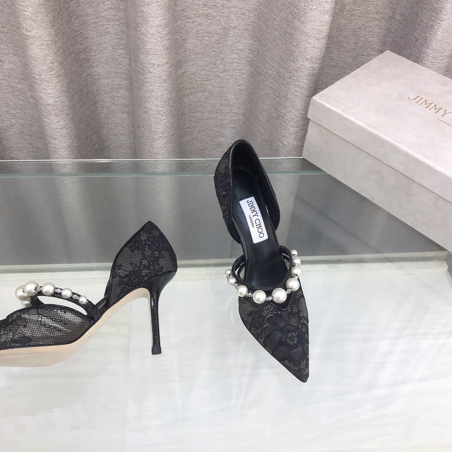 JIMMY CHOO 26S HIGH HEELS 85 MM IN BLACK LACE PEARL-EMBELLISHED