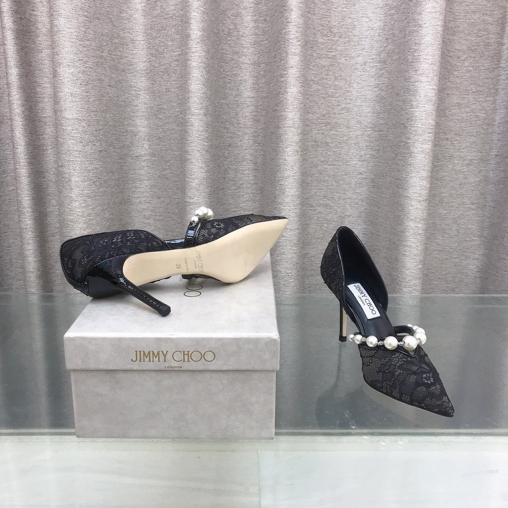 JIMMY CHOO 26S HIGH HEELS 85 MM IN BLACK LACE PEARL-EMBELLISHED