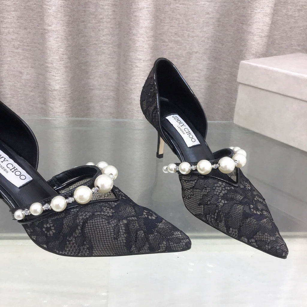JIMMY CHOO 26S HIGH HEELS 65 MM IN BLACK LACE PEARL-EMBELLISHED