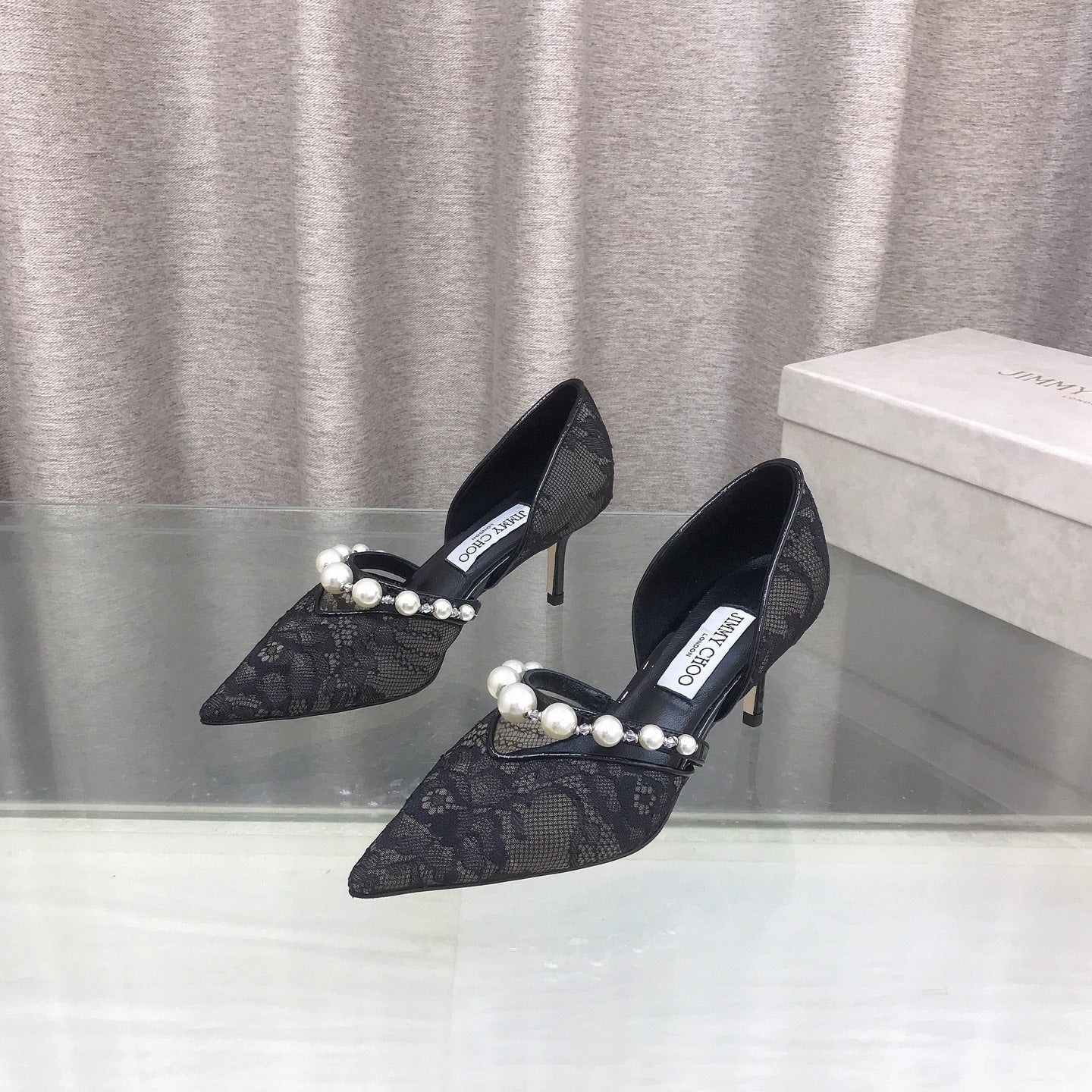 JIMMY CHOO 26S HIGH HEELS 65 MM IN BLACK LACE PEARL-EMBELLISHED