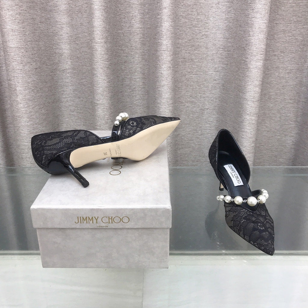 JIMMY CHOO 26S HIGH HEELS 65 MM IN BLACK LACE PEARL-EMBELLISHED