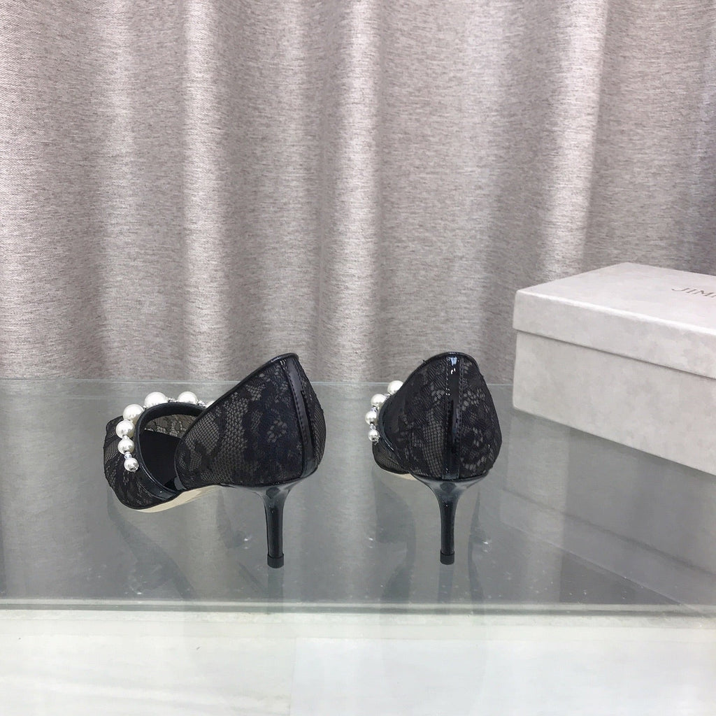 JIMMY CHOO 26S HIGH HEELS 65 MM IN BLACK LACE PEARL-EMBELLISHED