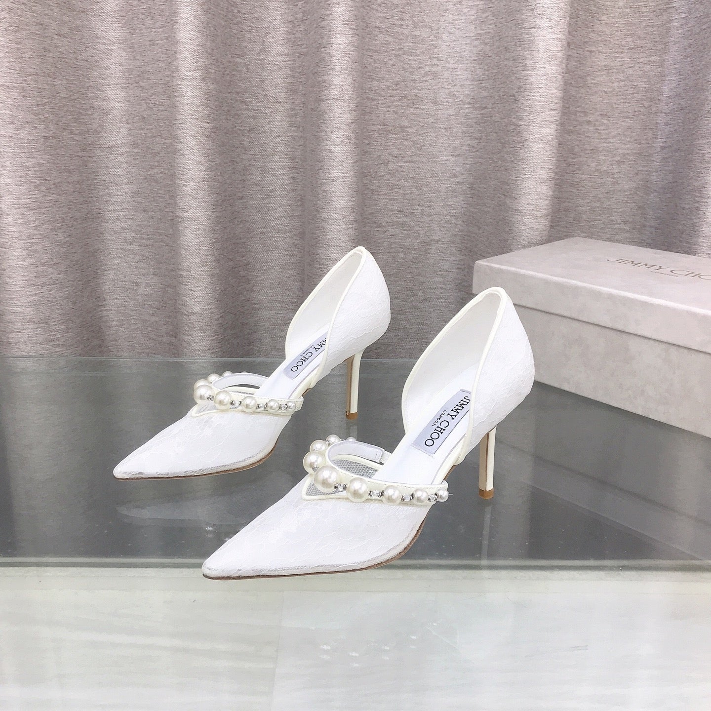 JIMMY CHOO 26S HIGH HEELS 85 MM IN WHITE LACE PEARL-EMBELLISHED