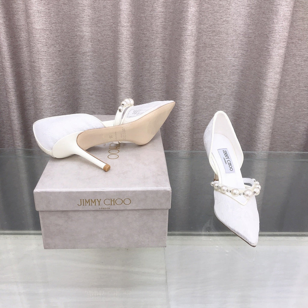 JIMMY CHOO 26S HIGH HEELS 85 MM IN WHITE LACE PEARL-EMBELLISHED