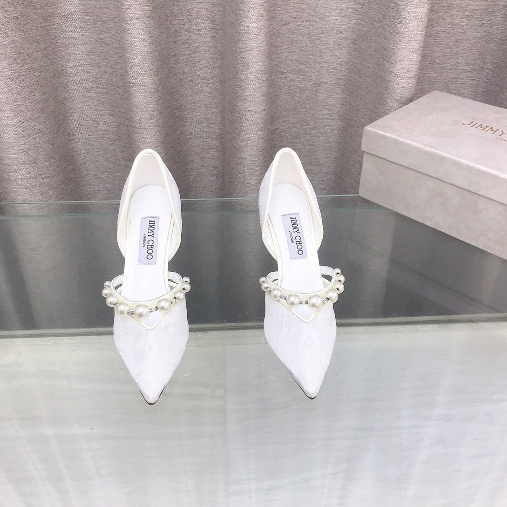 JIMMY CHOO 26S HIGH HEELS 85 MM IN WHITE LACE PEARL-EMBELLISHED