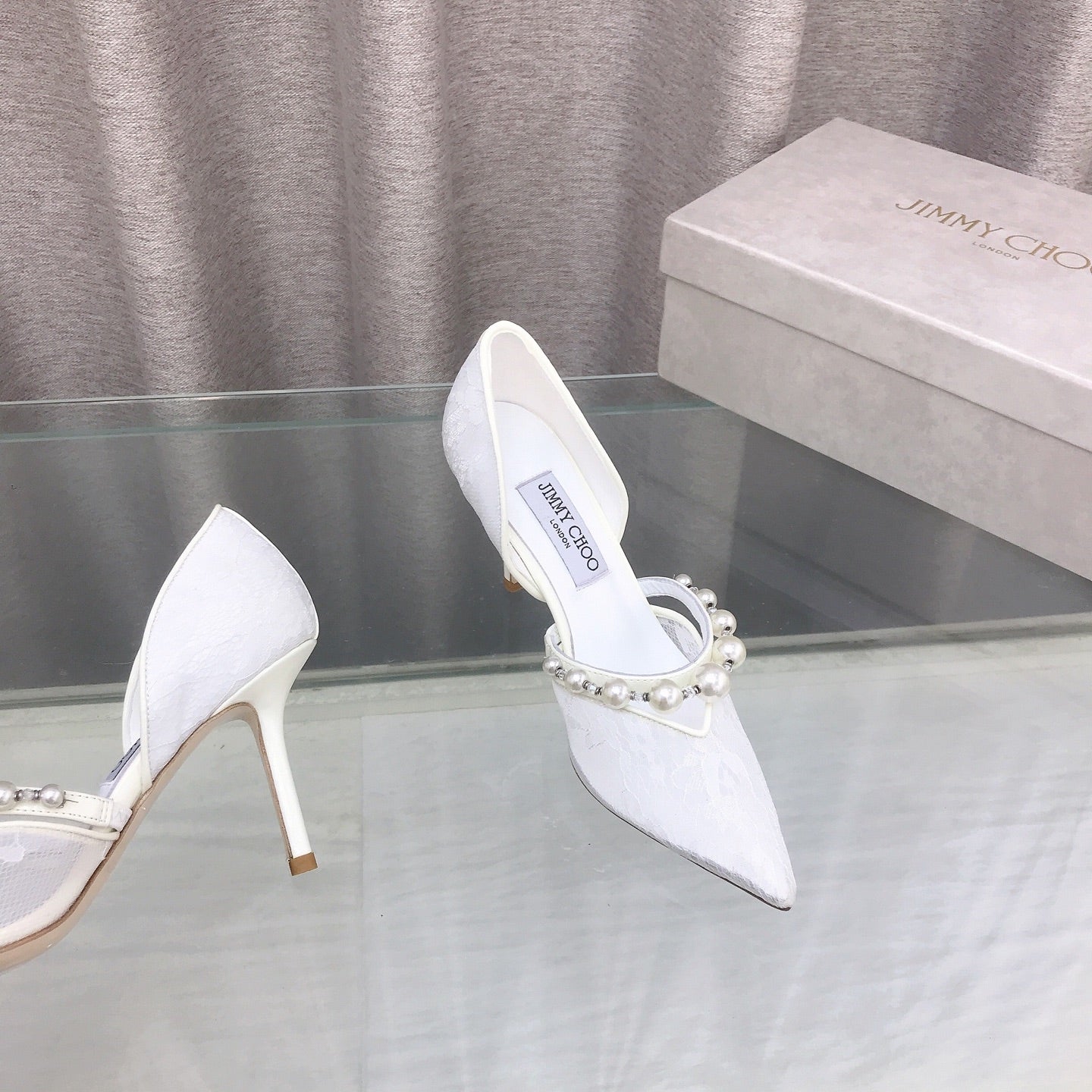 JIMMY CHOO 26S HIGH HEELS 85 MM IN WHITE LACE PEARL-EMBELLISHED