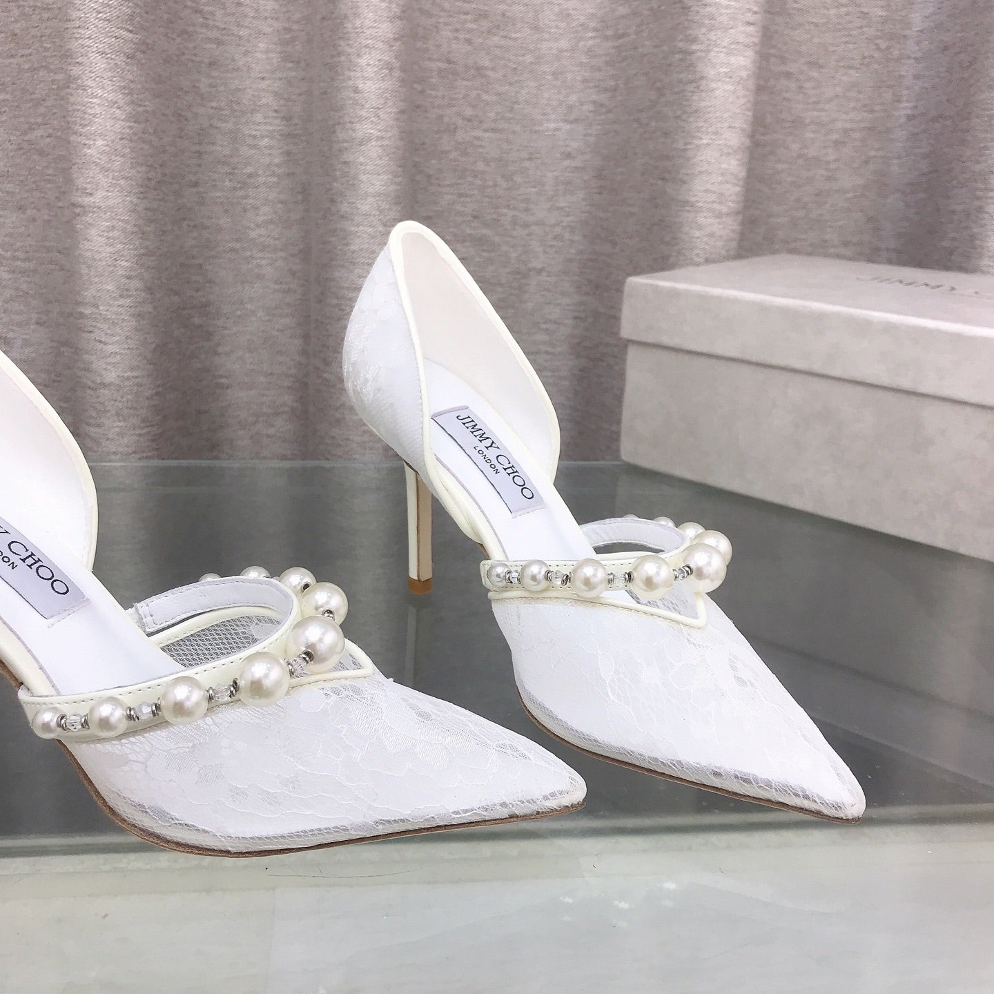 JIMMY CHOO 26S HIGH HEELS 85 MM IN WHITE LACE PEARL-EMBELLISHED