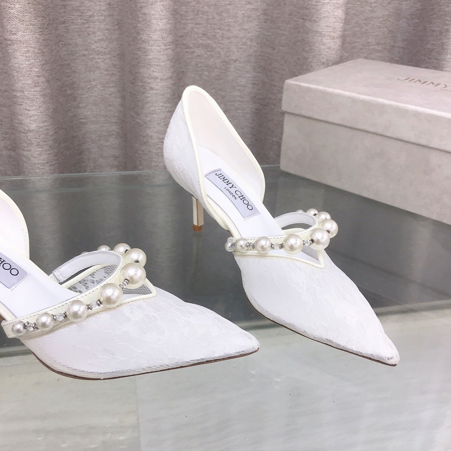 JIMMY CHOO 26S HIGH HEELS 65 MM IN WHITE LACE PEARL-EMBELLISHED