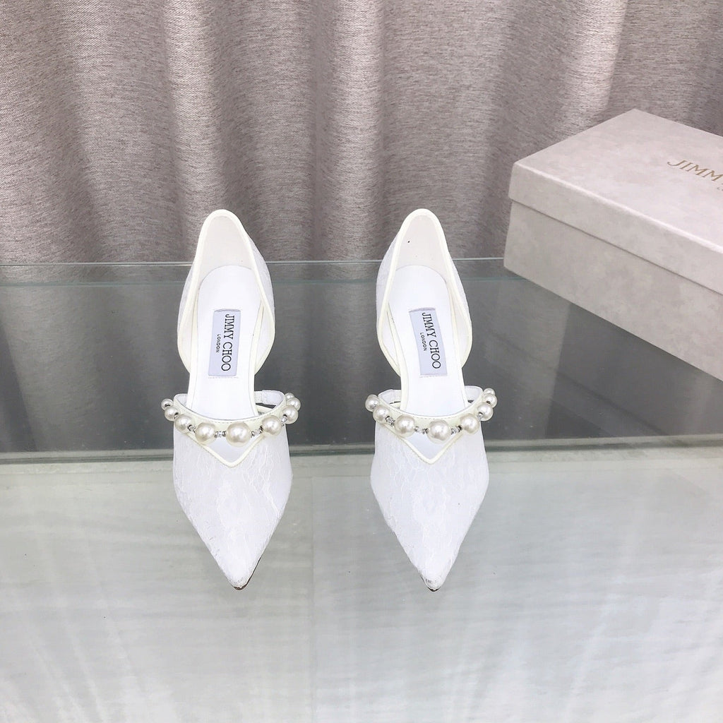 JIMMY CHOO 26S HIGH HEELS 65 MM IN WHITE LACE PEARL-EMBELLISHED