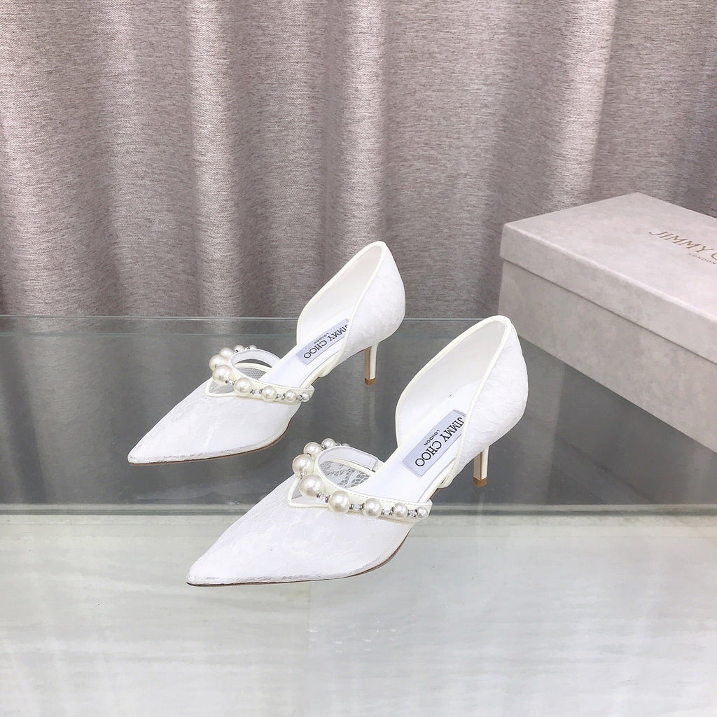 JIMMY CHOO 26S HIGH HEELS 65 MM IN WHITE LACE PEARL-EMBELLISHED
