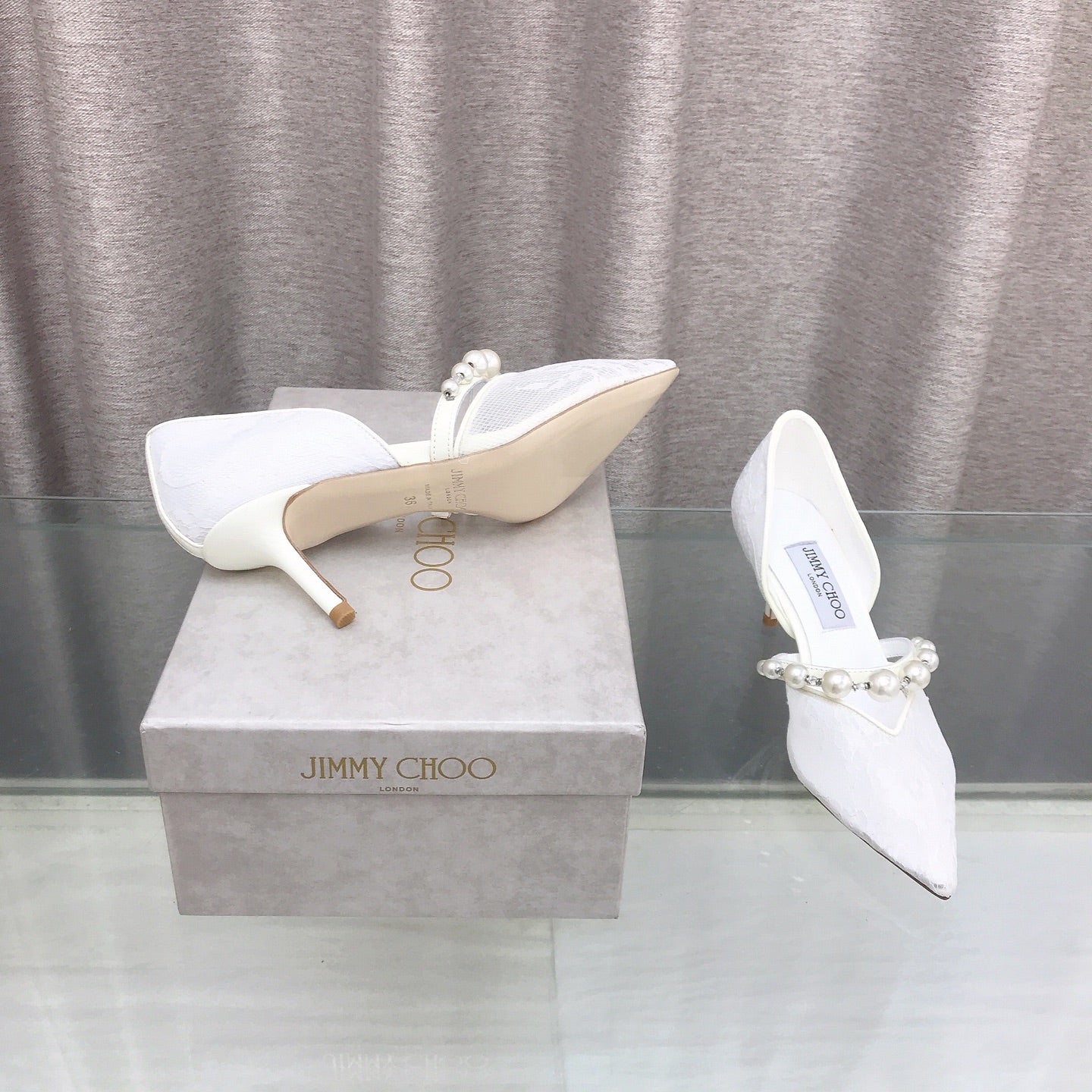 JIMMY CHOO 26S HIGH HEELS 65 MM IN WHITE LACE PEARL-EMBELLISHED