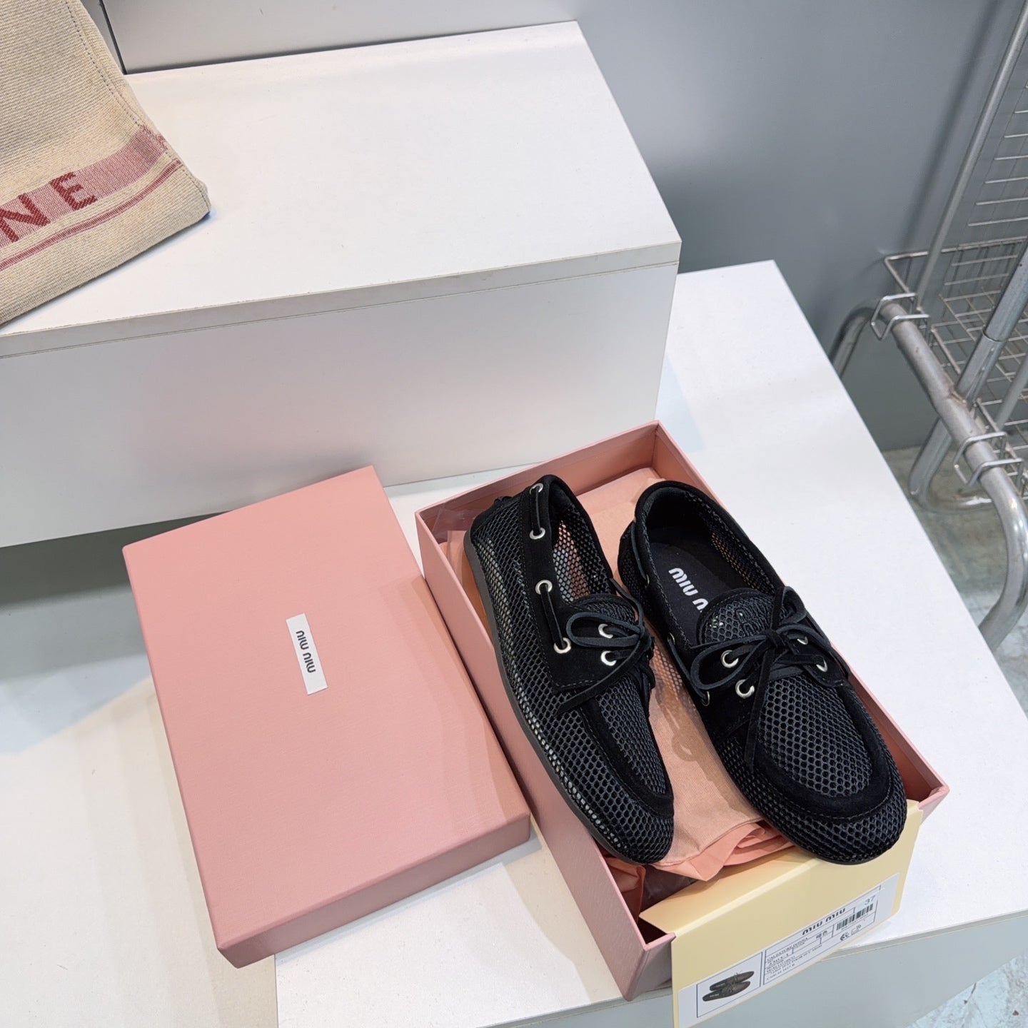 MIUMIU 26S BOAT SHOES IN BLACK MESH AND SUEDE