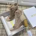 DIOR 26S LACE UP ANKLE BOOTS 80MM IN BEIGE OPENWORK LACE SUEDE GOLD HEEL
