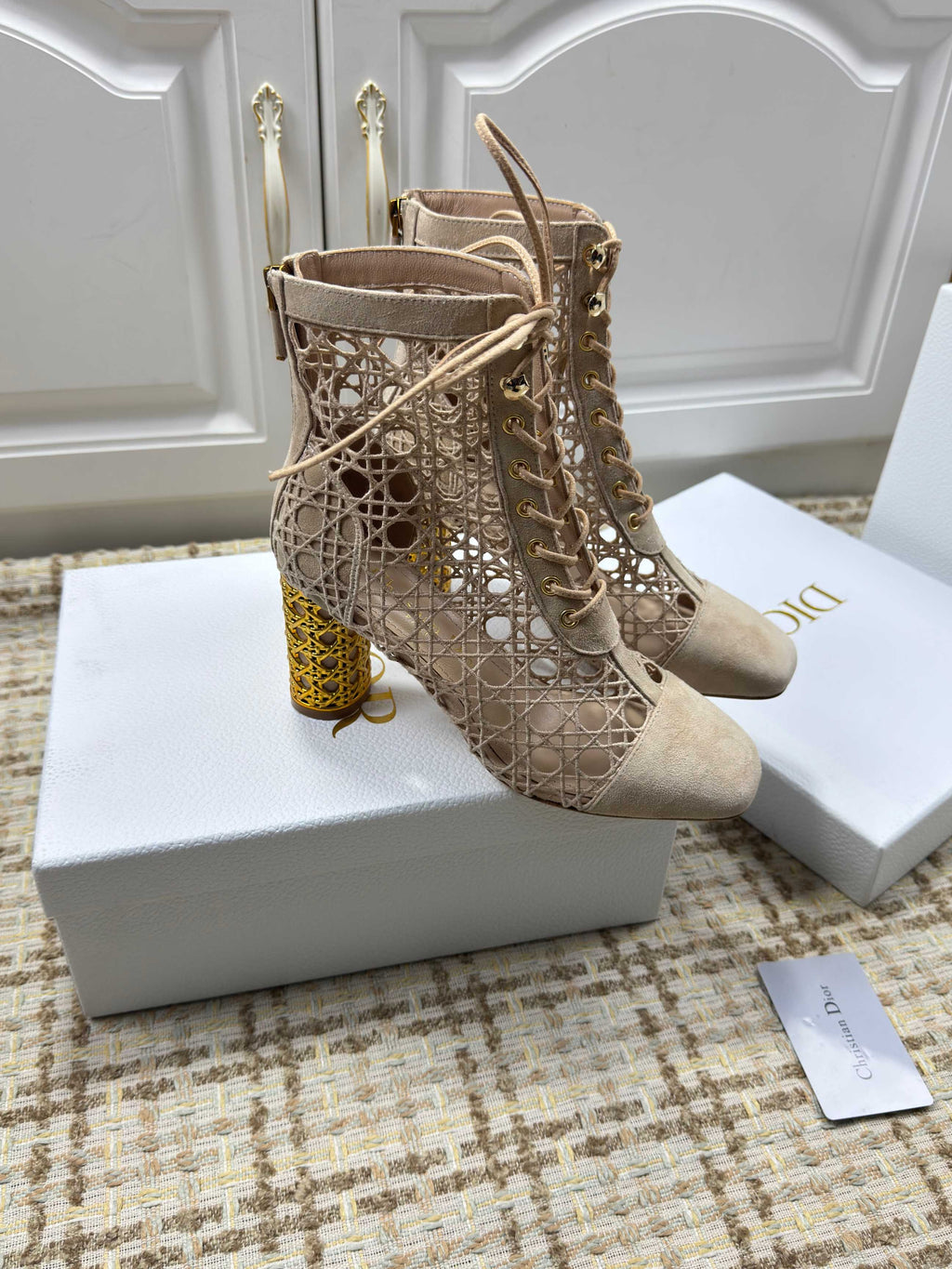 DIOR 26S LACE UP ANKLE BOOTS 80MM IN BEIGE OPENWORK LACE SUEDE GOLD HEEL
