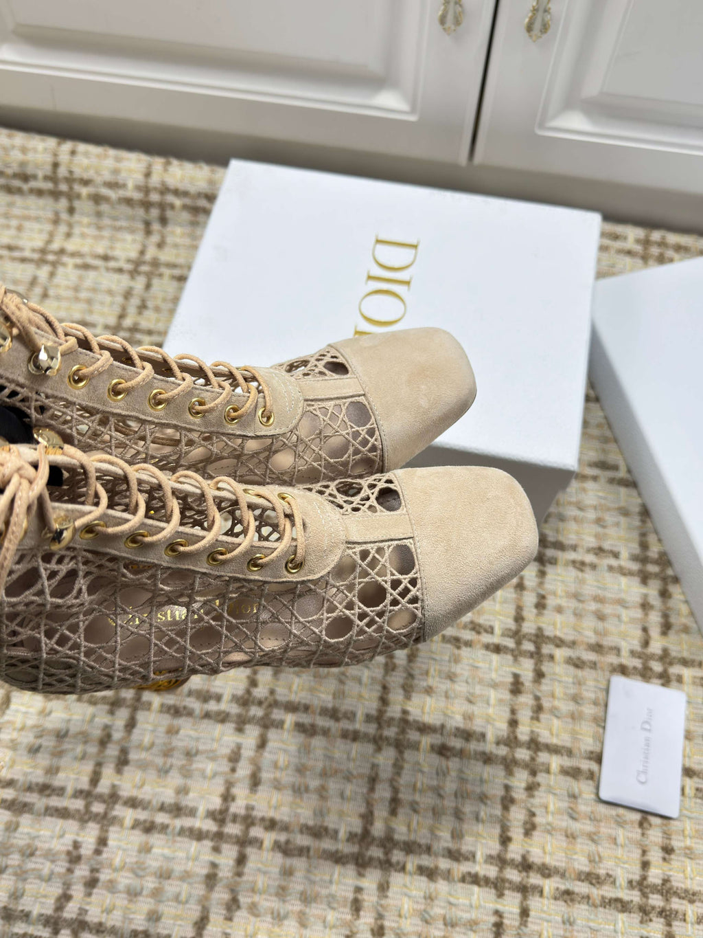 DIOR 26S LACE UP ANKLE BOOTS 80MM IN BEIGE OPENWORK LACE SUEDE GOLD HEEL