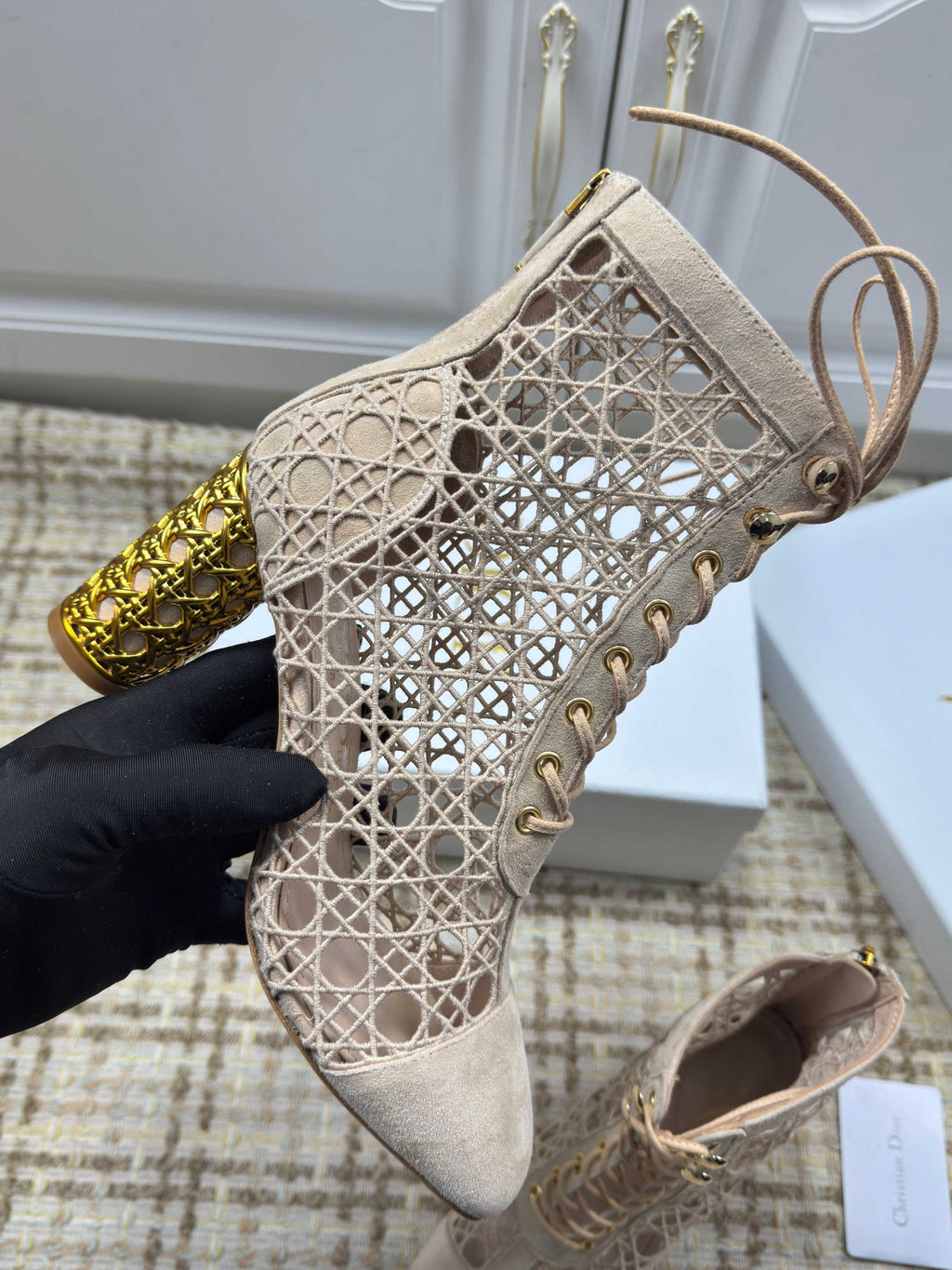 DIOR 26S LACE UP ANKLE BOOTS 80MM IN BEIGE OPENWORK LACE SUEDE GOLD HEEL