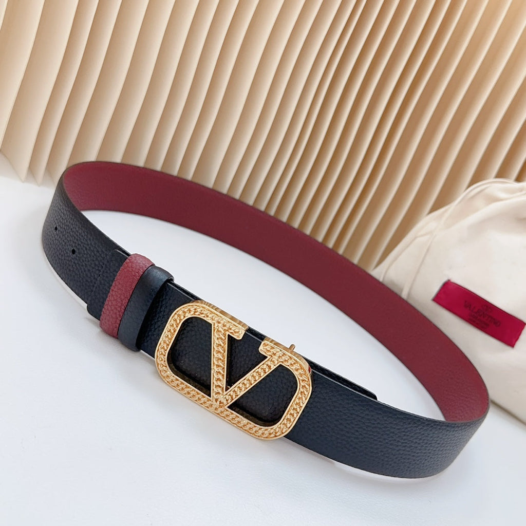 Vlogo Buckle Water Wave Gold Copper Glossy Wine Black Leather 40mm