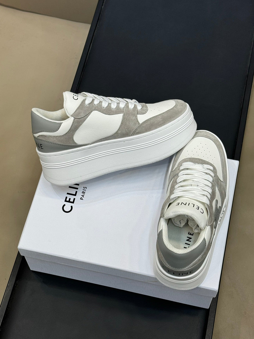 CELINE 26S WEDGE SNEAKERS IN WHITE CALFSKIN AND GREY SUEDE