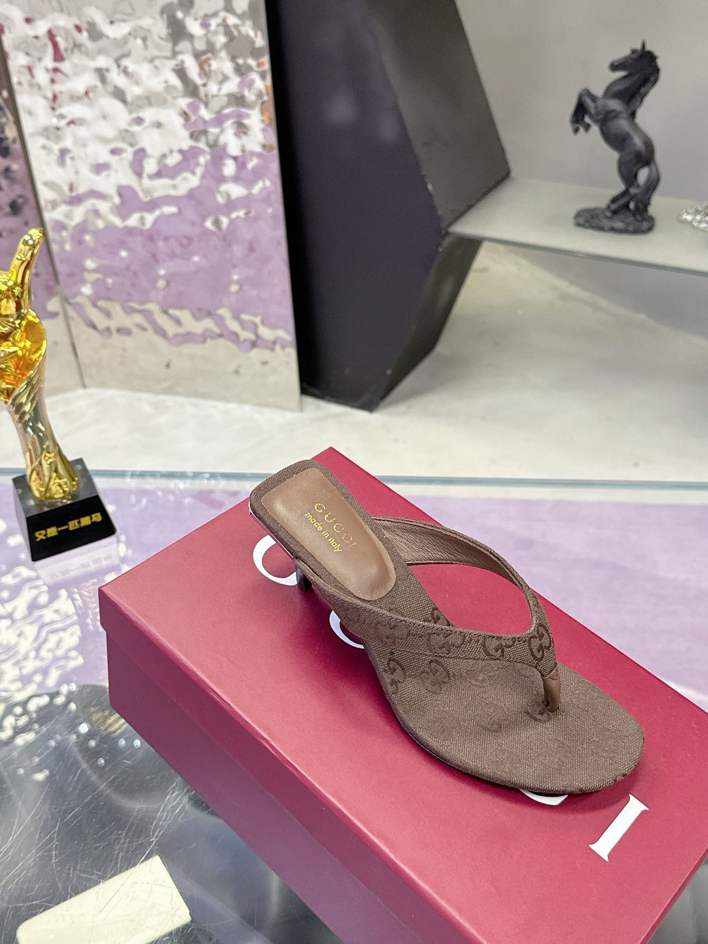 GUCCI 26S THONG KITTEN HEEL SANDALS 55MM IN BROWN GG CANVAS