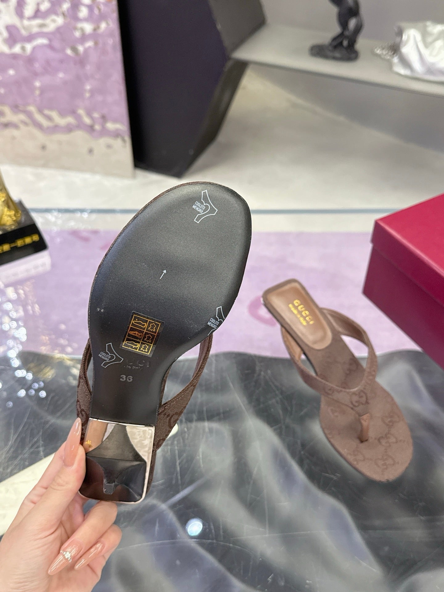 GUCCI 26S THONG KITTEN HEEL SANDALS 55MM IN BROWN GG CANVAS