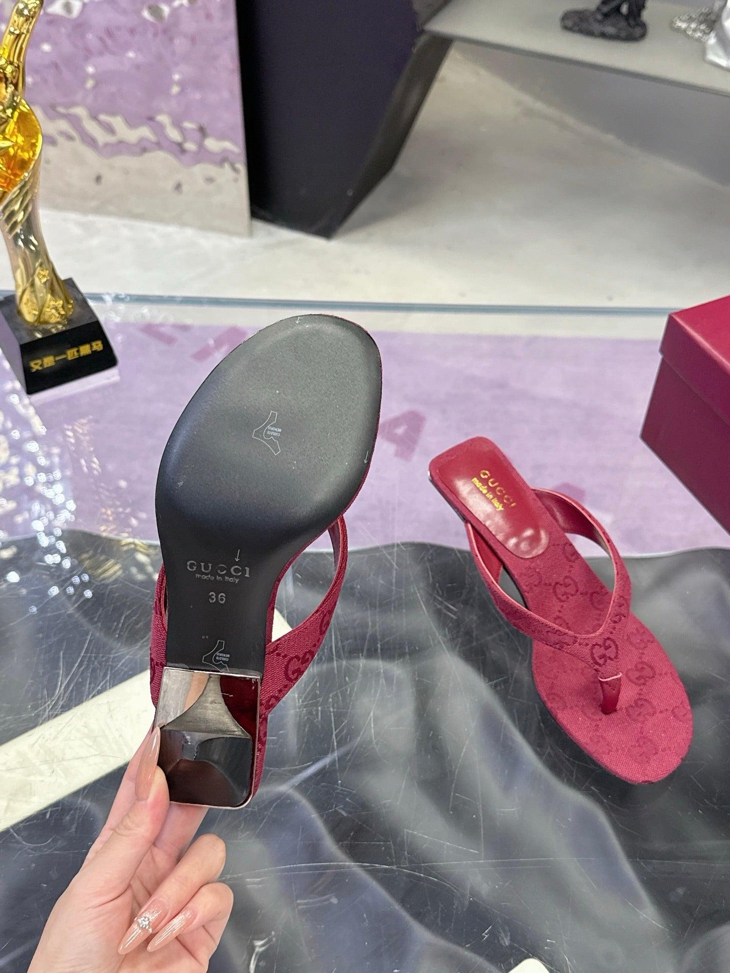 GUCCI 26S THONG KITTEN HEEL SANDALS 55MM IN BURGUNDY RED GG CANVAS